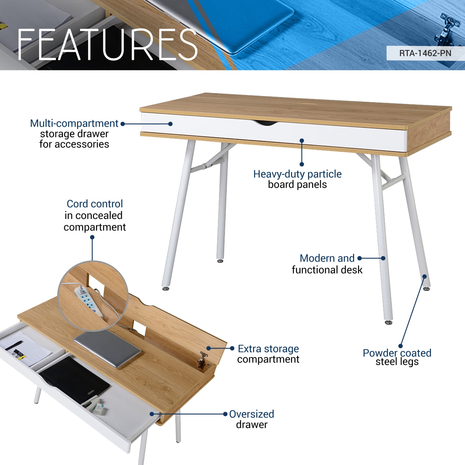 Techni Mobili 46inW Modern Computer Desk With Storage, Pine - Image 4