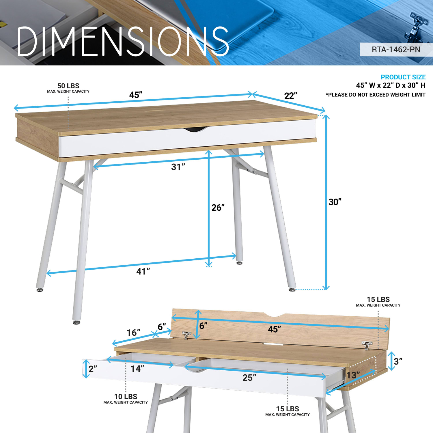 Techni Mobili 46inW Modern Computer Desk With Storage, Pine - Image 5