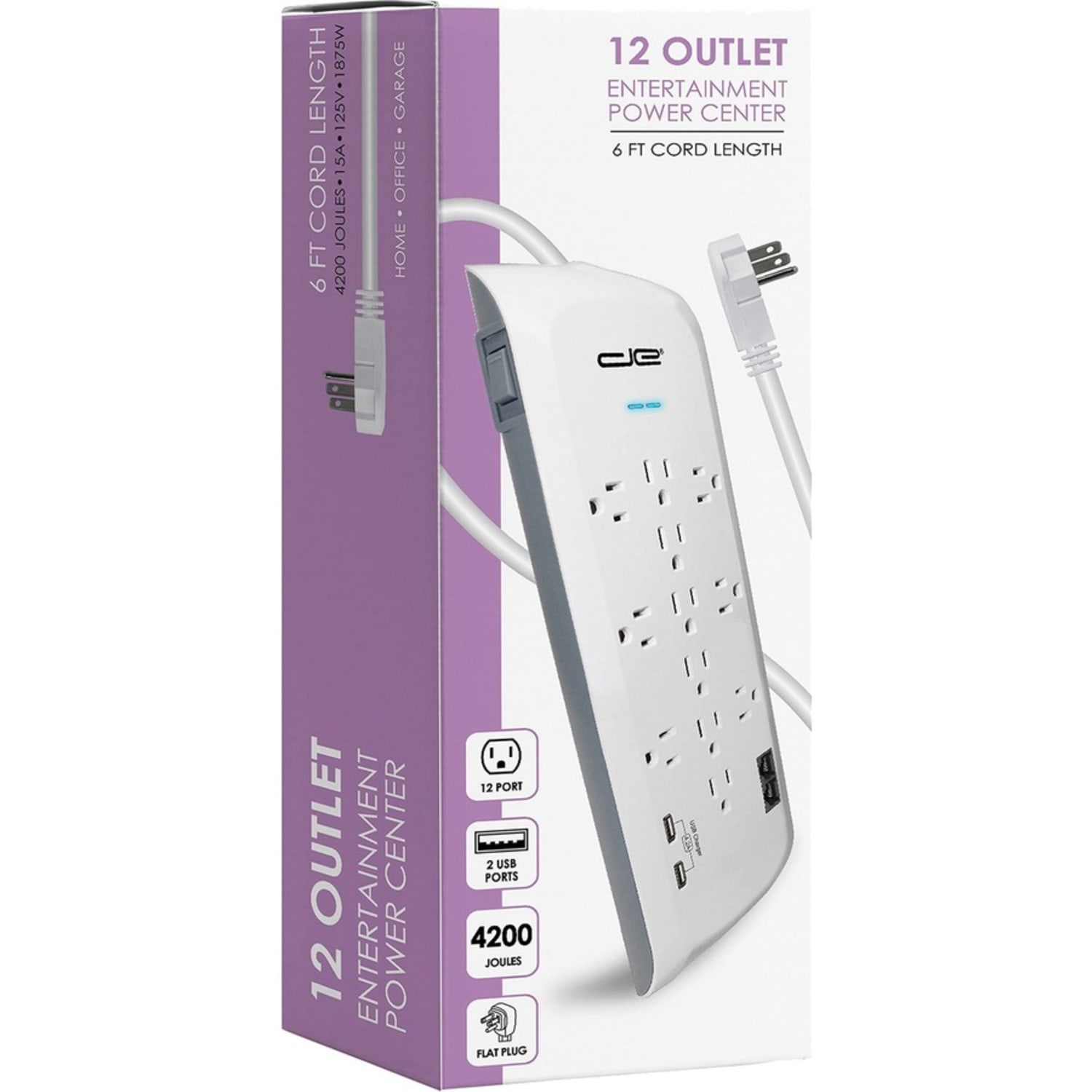 Digital Energy World 12-Outlet Surge Protector Power Strip with 2 USB Ports (White, 6-Foot Cord) - 12 x AC Power, 2 x USB - 1875 VA - 4200 J - 120 V AC Input - Coaxial, Ethernet, Phone/Modem - 6 ft - Image 3