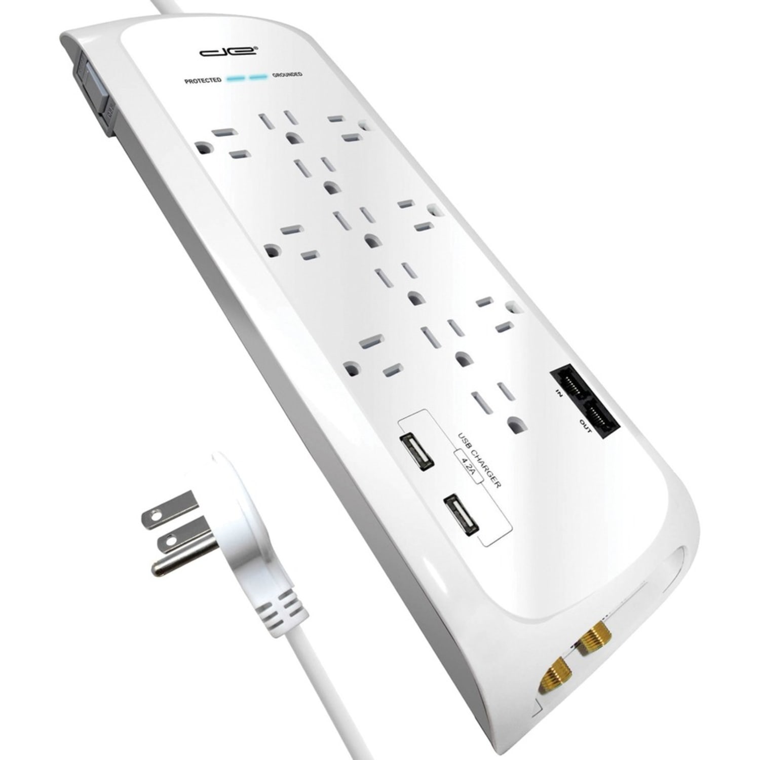 Digital Energy World 12-Outlet Surge Protector Power Strip with 2 USB Ports (White, 6-Foot Cord) - 12 x AC Power, 2 x USB - 1875 VA - 4200 J - 120 V AC Input - Coaxial, Ethernet, Phone/Modem - 6 ft - Image 4