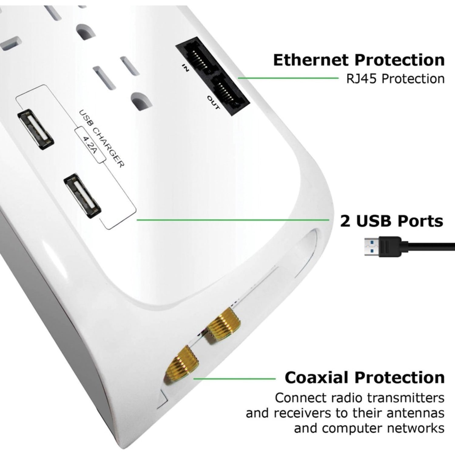 Digital Energy World 12-Outlet Surge Protector Power Strip with 2 USB Ports (White, 6-Foot Cord) - 12 x AC Power, 2 x USB - 1875 VA - 4200 J - 120 V AC Input - Coaxial, Ethernet, Phone/Modem - 6 ft - Image 6