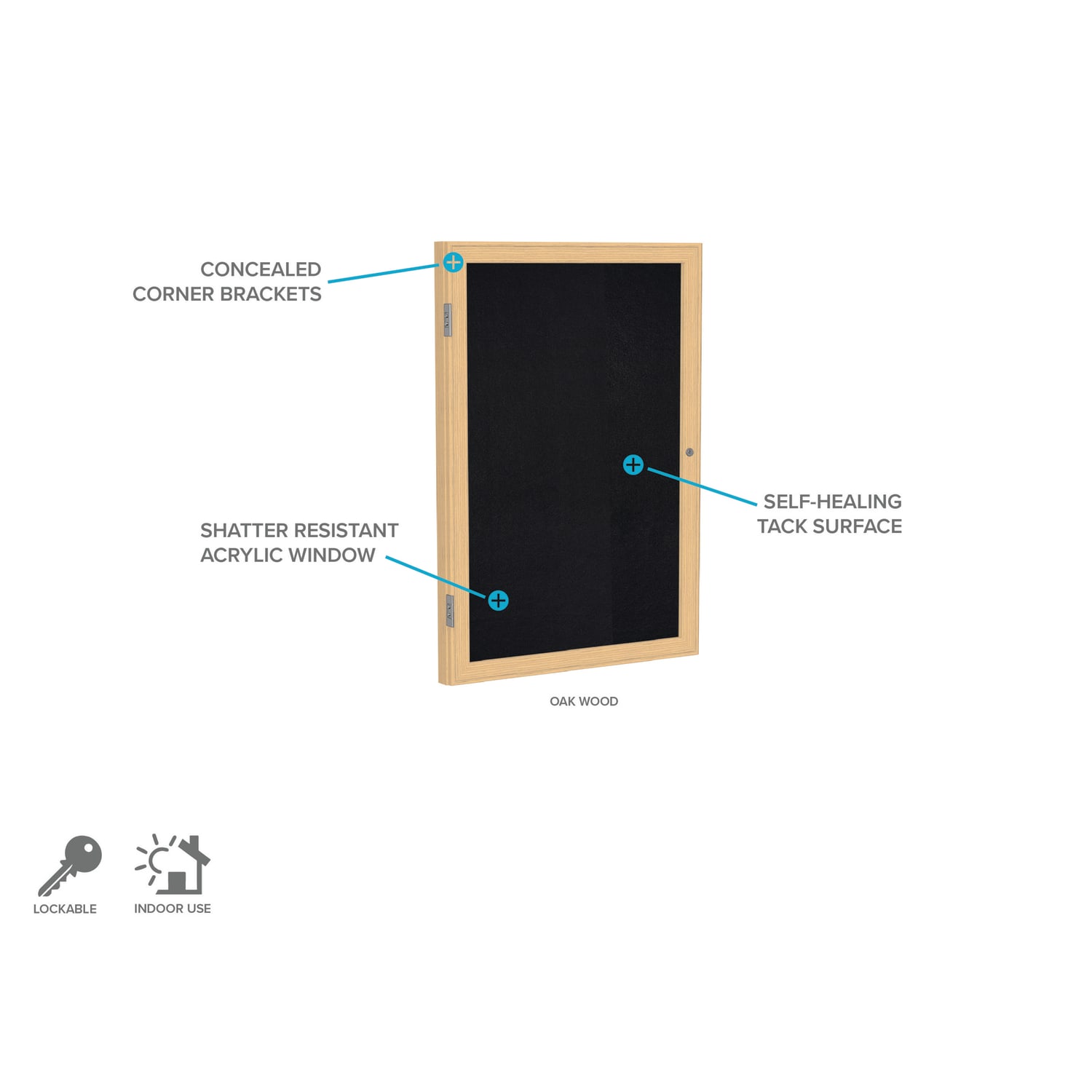 Ghent 1 Door Enclosed Recycled Rubber Bulletin Board, Oak Wood Frame, 36inH x 30inW, Black - Image 4