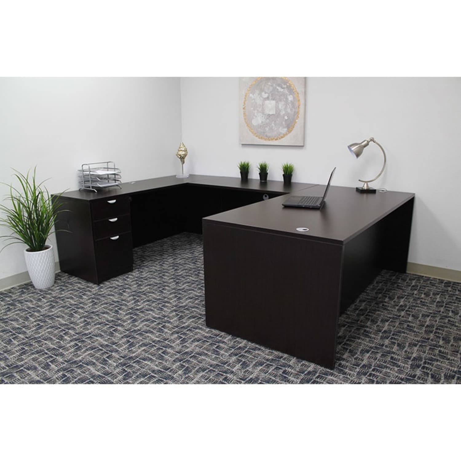 Boss Office Products 66inW Executive U-Shaped Desk With 2 Box/Box/File Storage Pedestals, Mocha