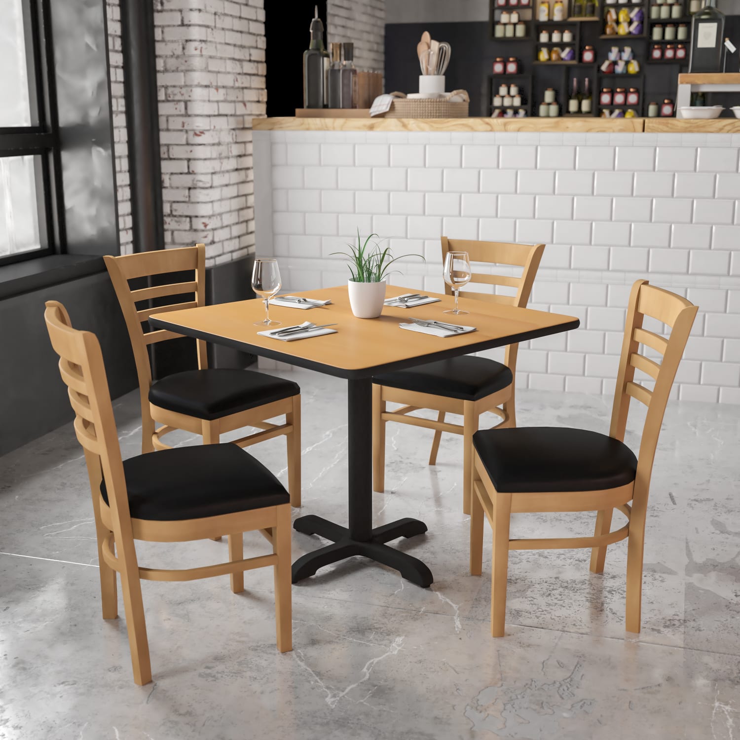 Flash Furniture HERCULES Ladder Back Wood Restaurant Accent Chair, Black Vinyl Seat/Natural Wood Frame