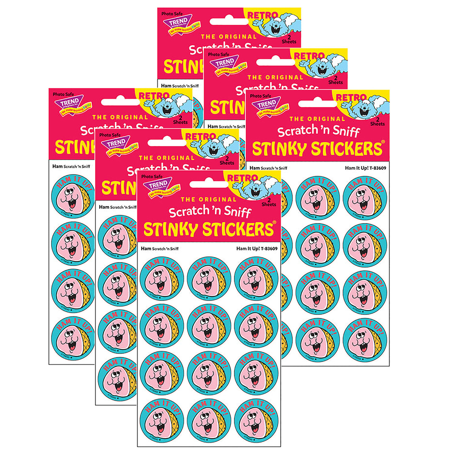 Trend Retro Scratch N Sniff Stinky Stickers, Ham It Up!/Ham, 24 Stickers Per Pack, Set Of 6 Packs