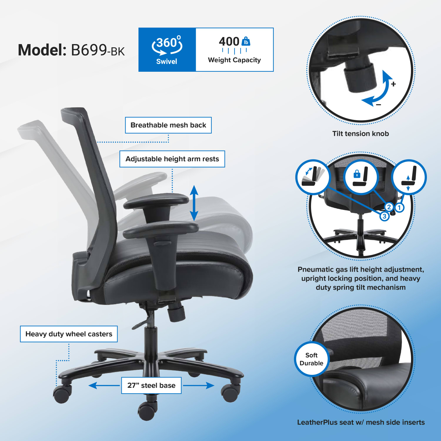 Boss Office Products Heavy-Duty Ergonomic LeatherPlus Bonded Leather/Mesh Mid-Back Chair, Black - Image 3