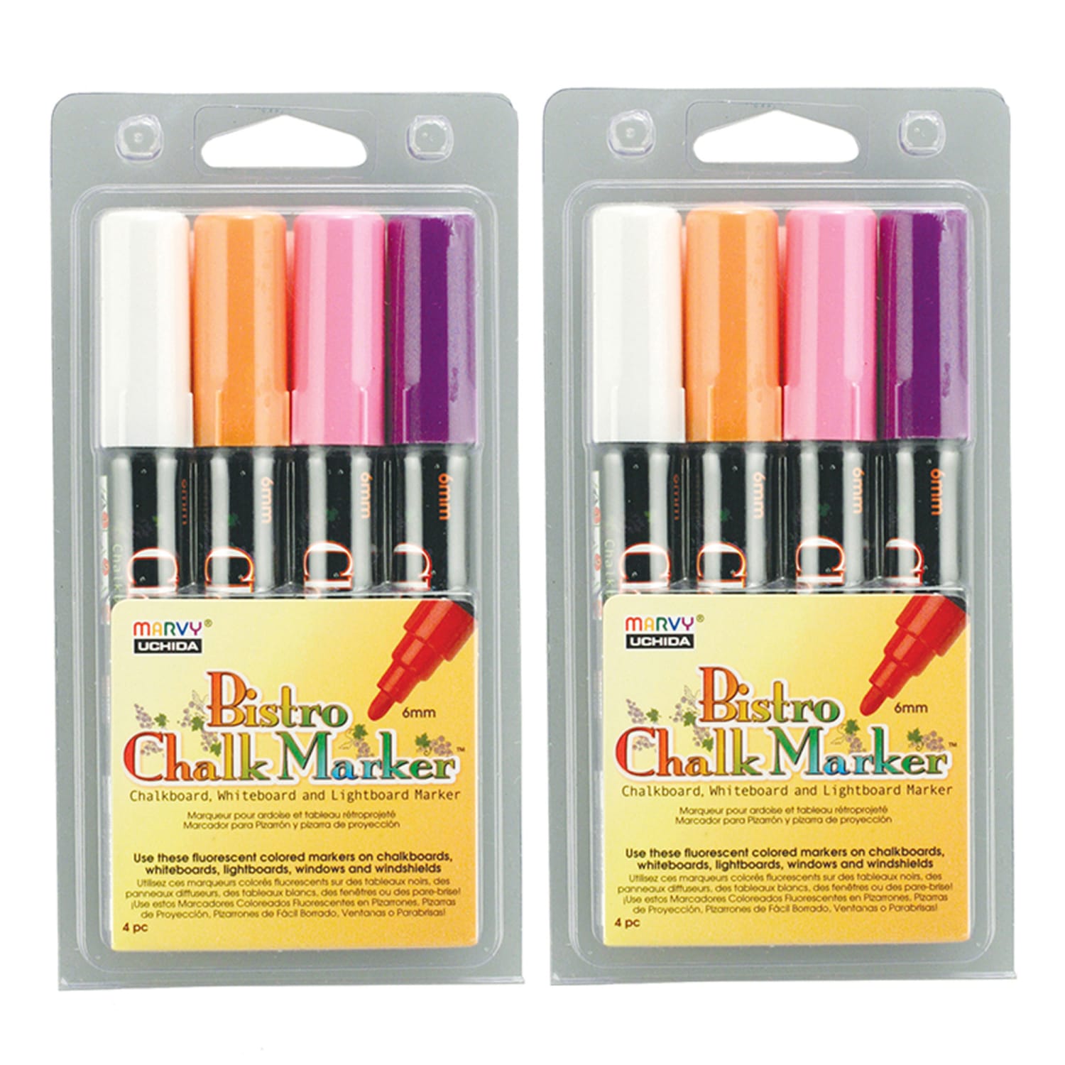 Marvy Uchida Bistro Chalk Markers, Broad Point, 6mm, Black Barrels, Fluorescent Inks, Set Of 8 Markers