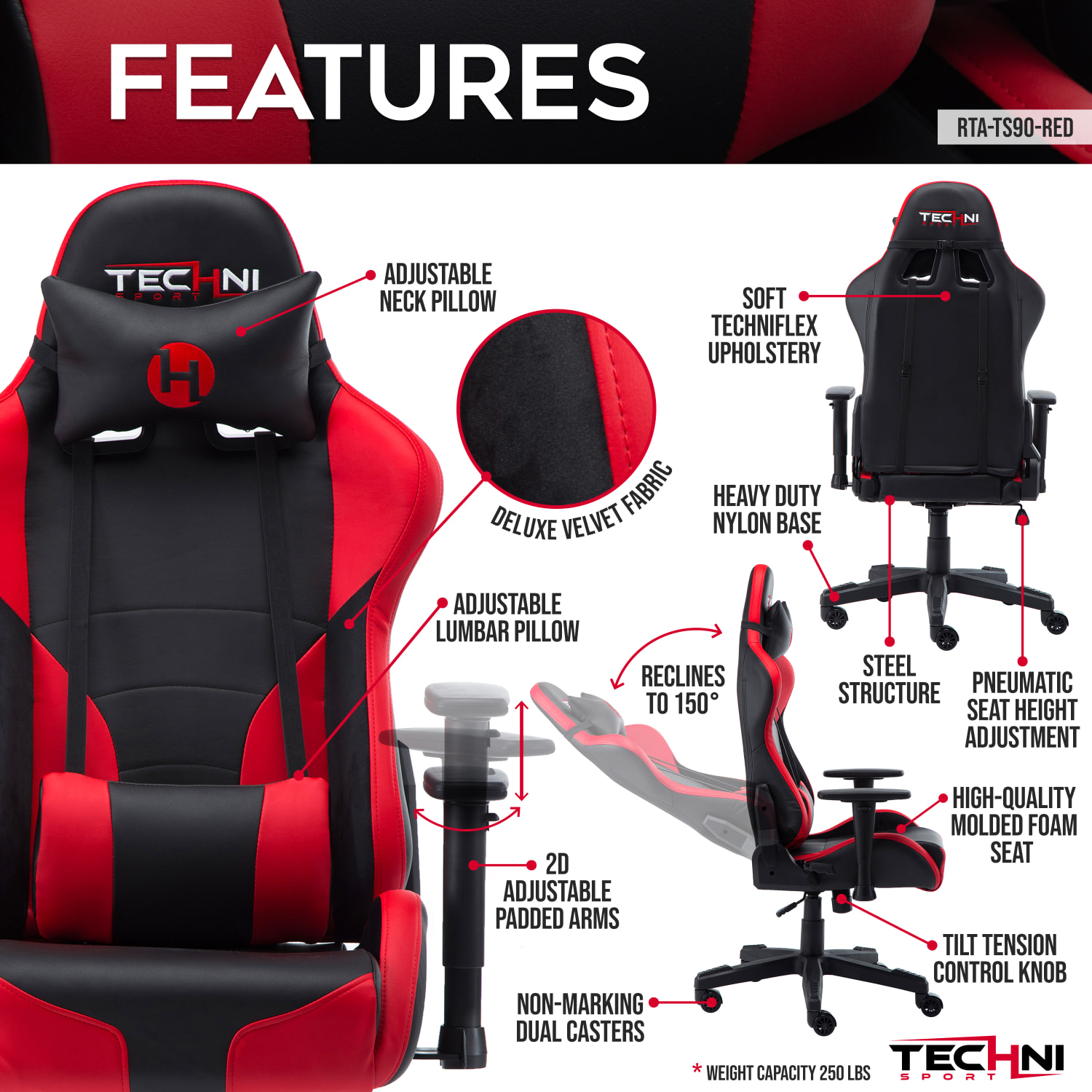 Techni Sport RTA-TS90-RED Ergonomic Faux Leather Computer Gaming Chair - Image 4