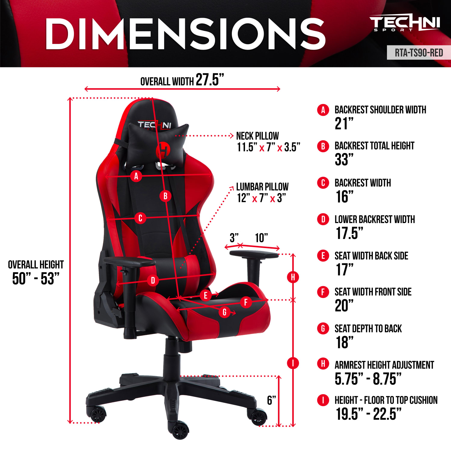 Techni Sport RTA-TS90-RED Ergonomic Faux Leather Computer Gaming Chair - Image 5