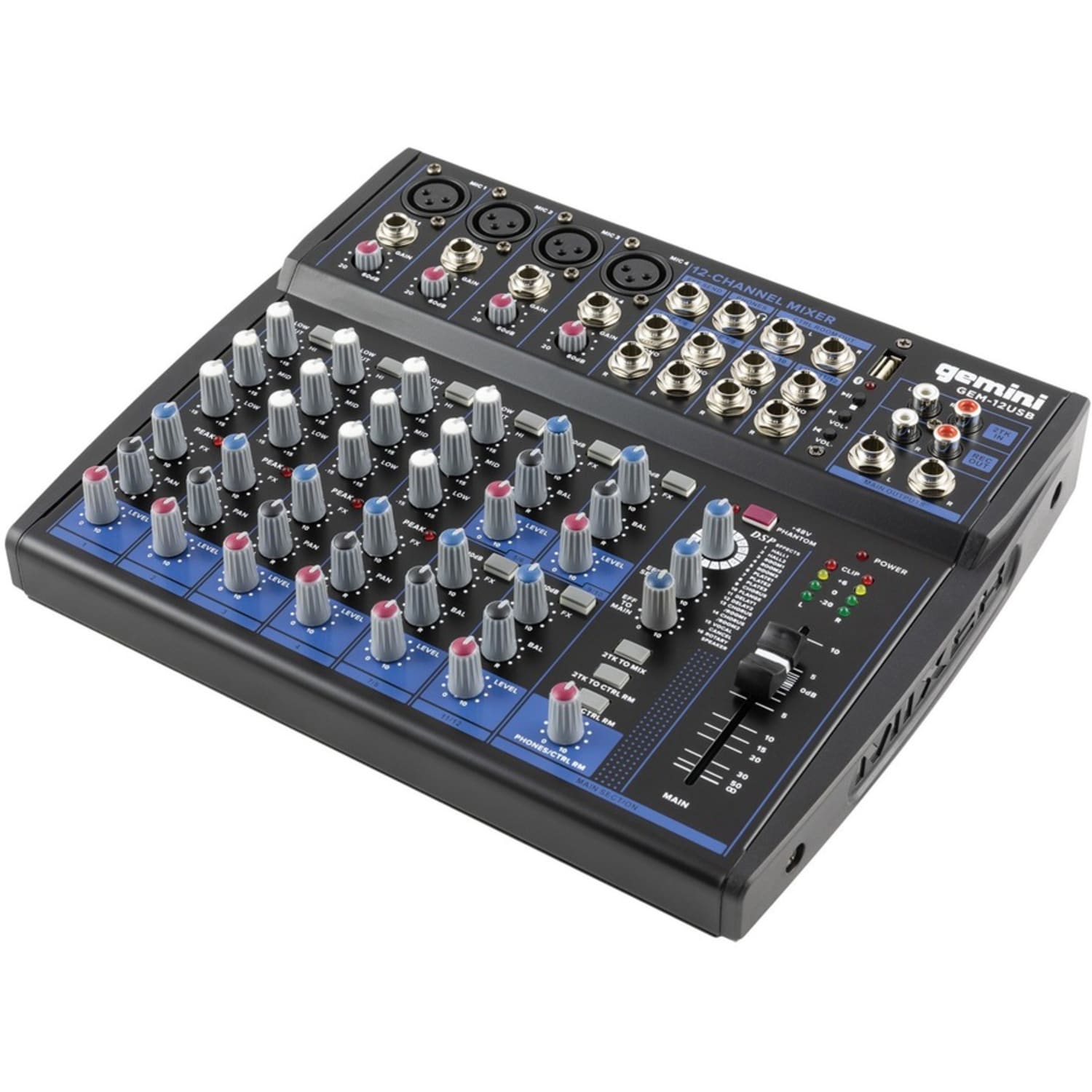 Gemini Sound GEM-12USB: Compact 12 Channel Bluetooth Mixer - 12 Channel(s) - 3 Effects(s) - USB - Bluetooth - Black - Image 5