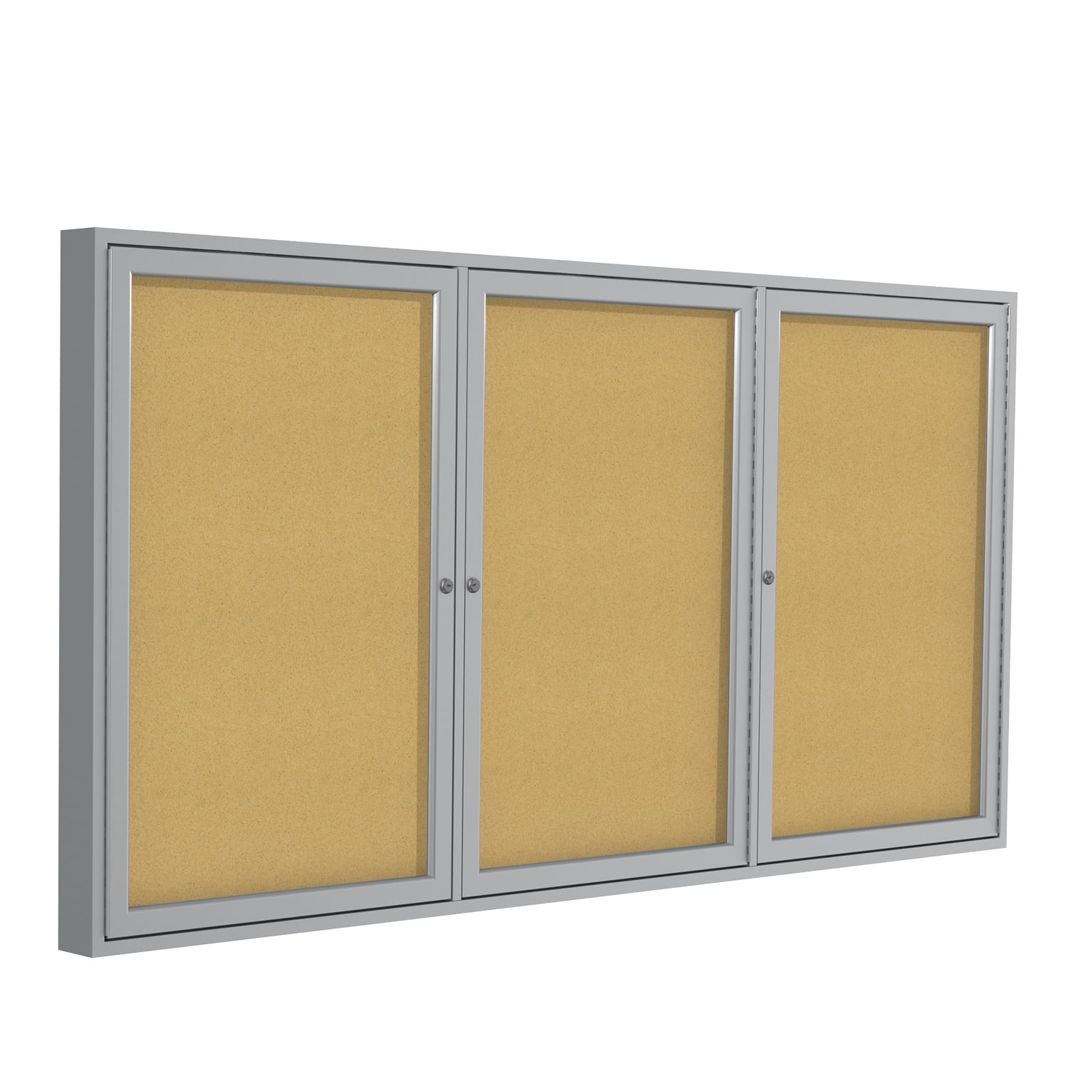 Ghent 3-Door Enclosed Cork Bulletin Board, 48in x 96in, Natural, Satin Aluminum Frame