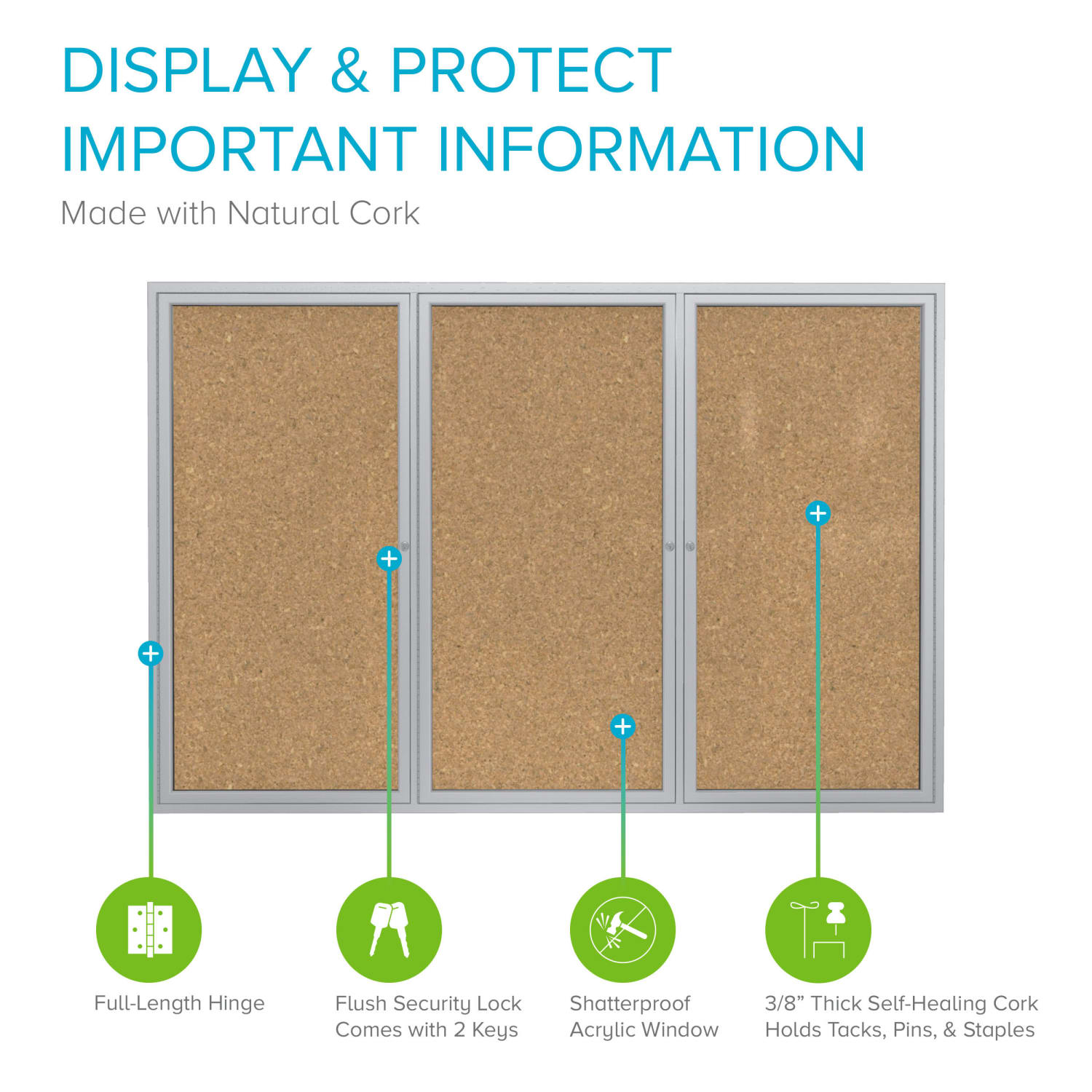 Ghent 3-Door Enclosed Cork Bulletin Board, 48in x 96in, Natural, Satin Aluminum Frame - Image 3