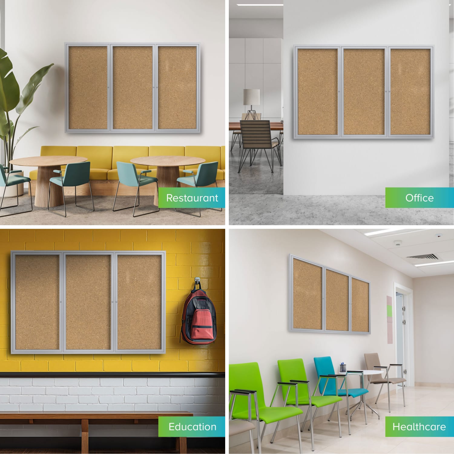 Ghent 3-Door Enclosed Cork Bulletin Board, 48in x 96in, Natural, Satin Aluminum Frame - Image 4