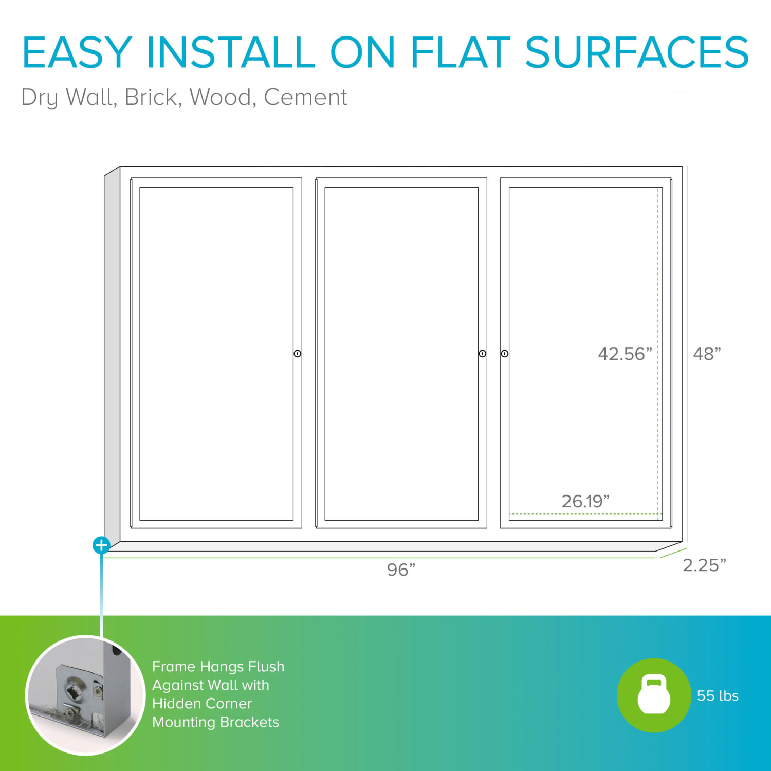 Ghent 3-Door Enclosed Cork Bulletin Board, 48in x 96in, Natural, Satin Aluminum Frame - Image 5