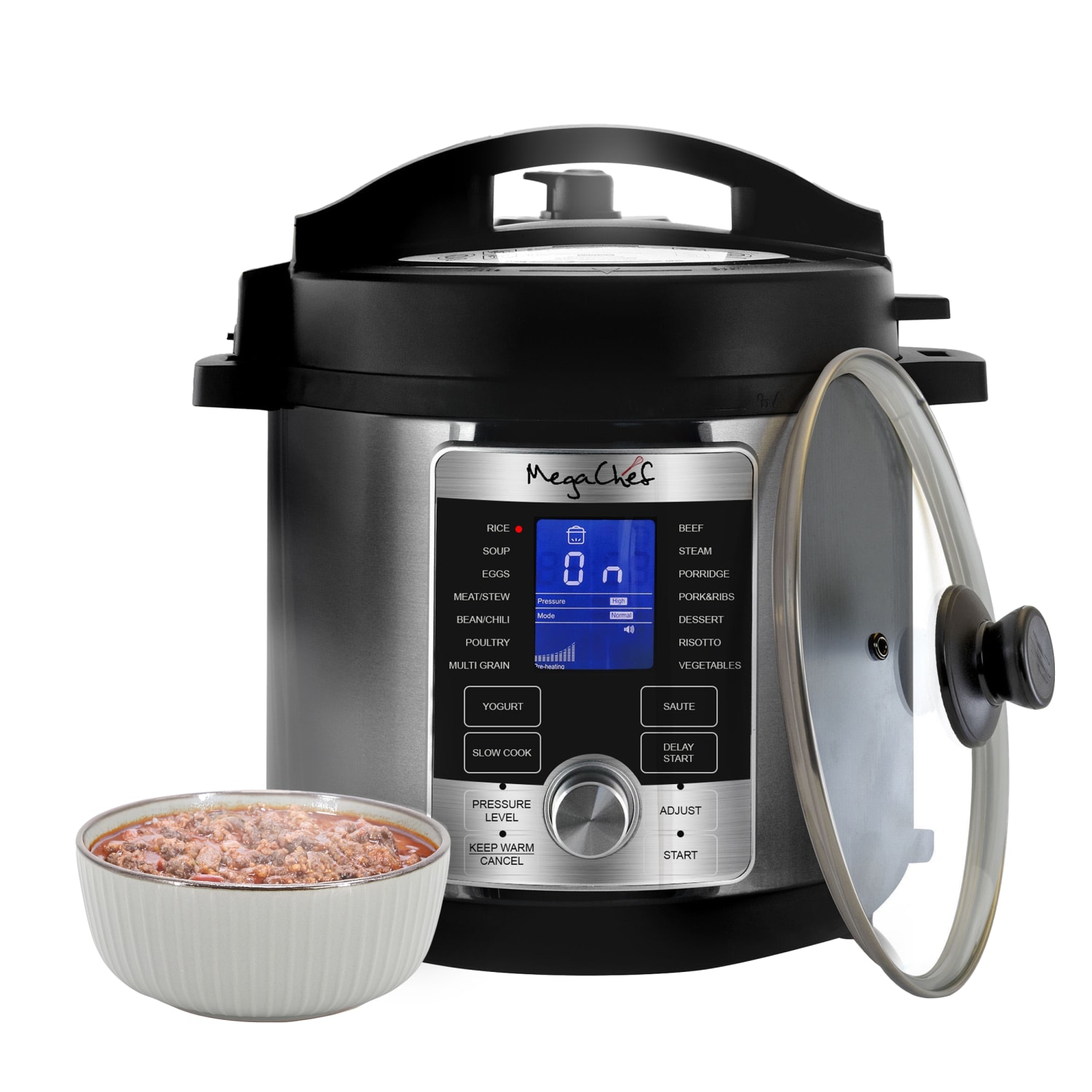 MegaChef 6-Qt. Stainless-Steel Electric Digital Pressure Cooker with Lid, Silver/Black - Image 3