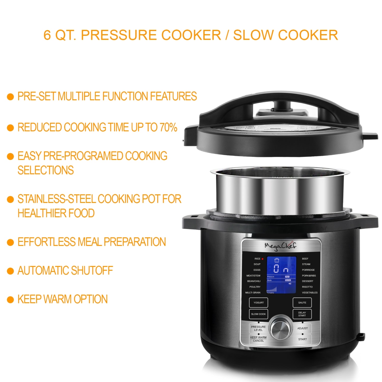 MegaChef 6-Qt. Stainless-Steel Electric Digital Pressure Cooker with Lid, Silver/Black - Image 5