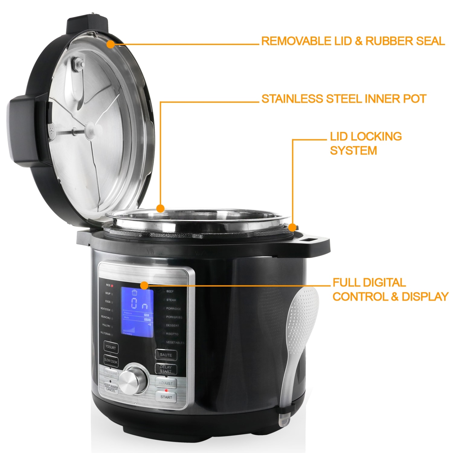 MegaChef 6-Qt. Stainless-Steel Electric Digital Pressure Cooker with Lid, Silver/Black - Image 6