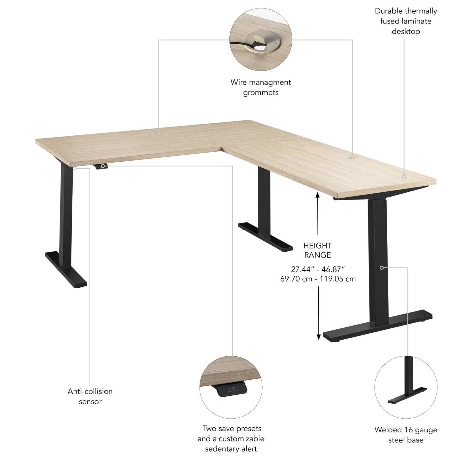 Bush Business Furniture Move 60 Series 60inW Height Adjustable L Shaped Standing Desk, Natural Elm/Black Powder Coat, Standard Delivery - Image 4