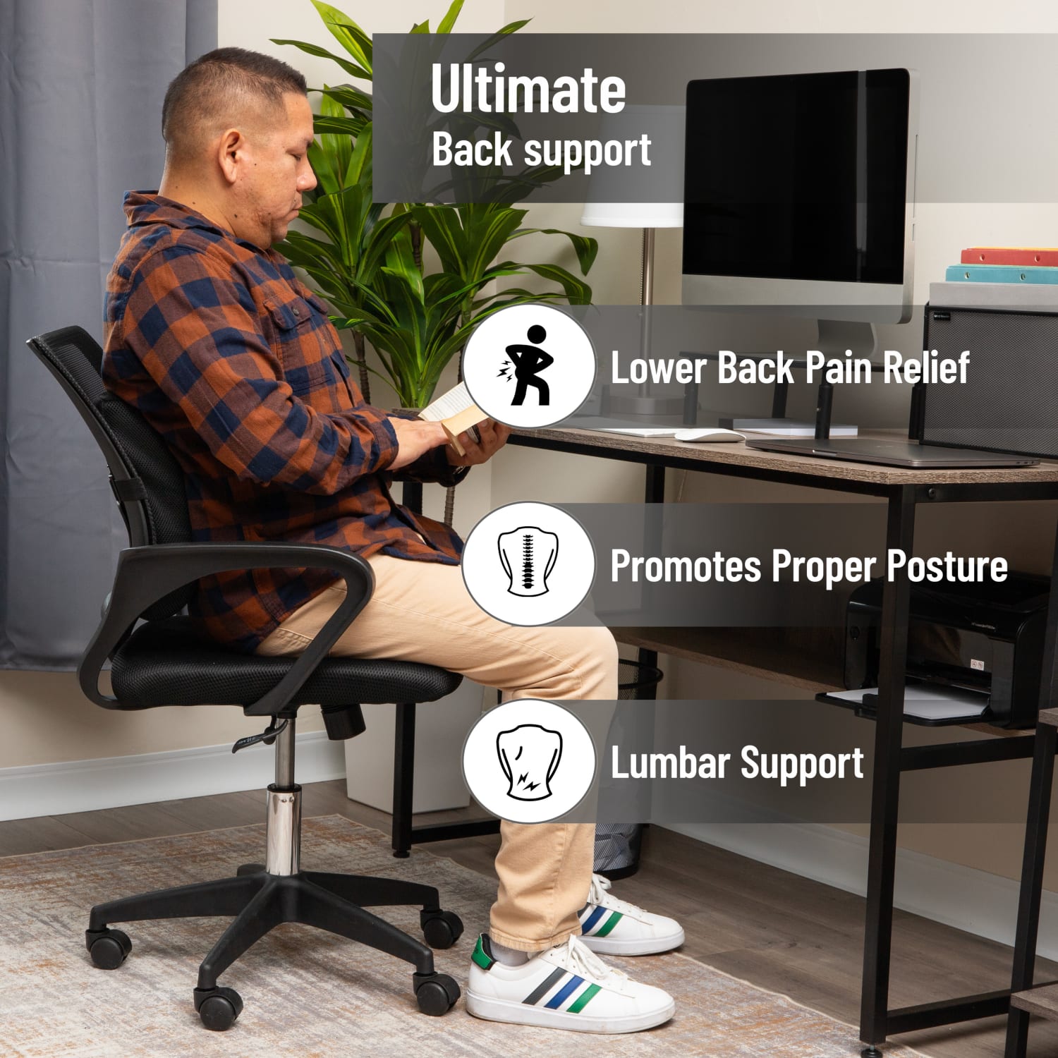 Mind Reader Ergonomic Lower Back Cushion Memory Foam Support, 12-1/4inH x 4inW x 13-1/2inD, Black - Image 3