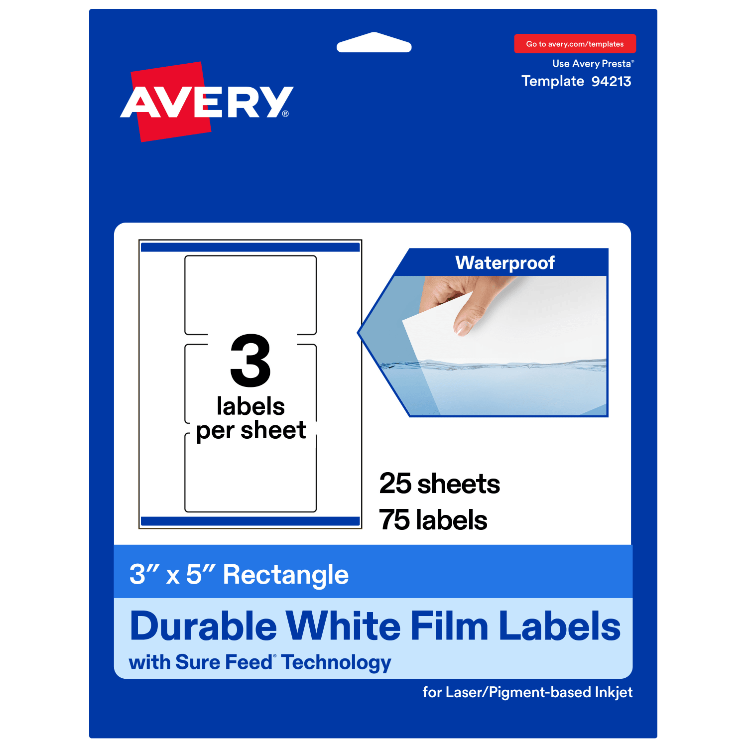 Avery Waterproof Permanent Labels With Sure Feed, 94213-WMF25, Rectangle, 3in x 5in, White, Pack Of 75
