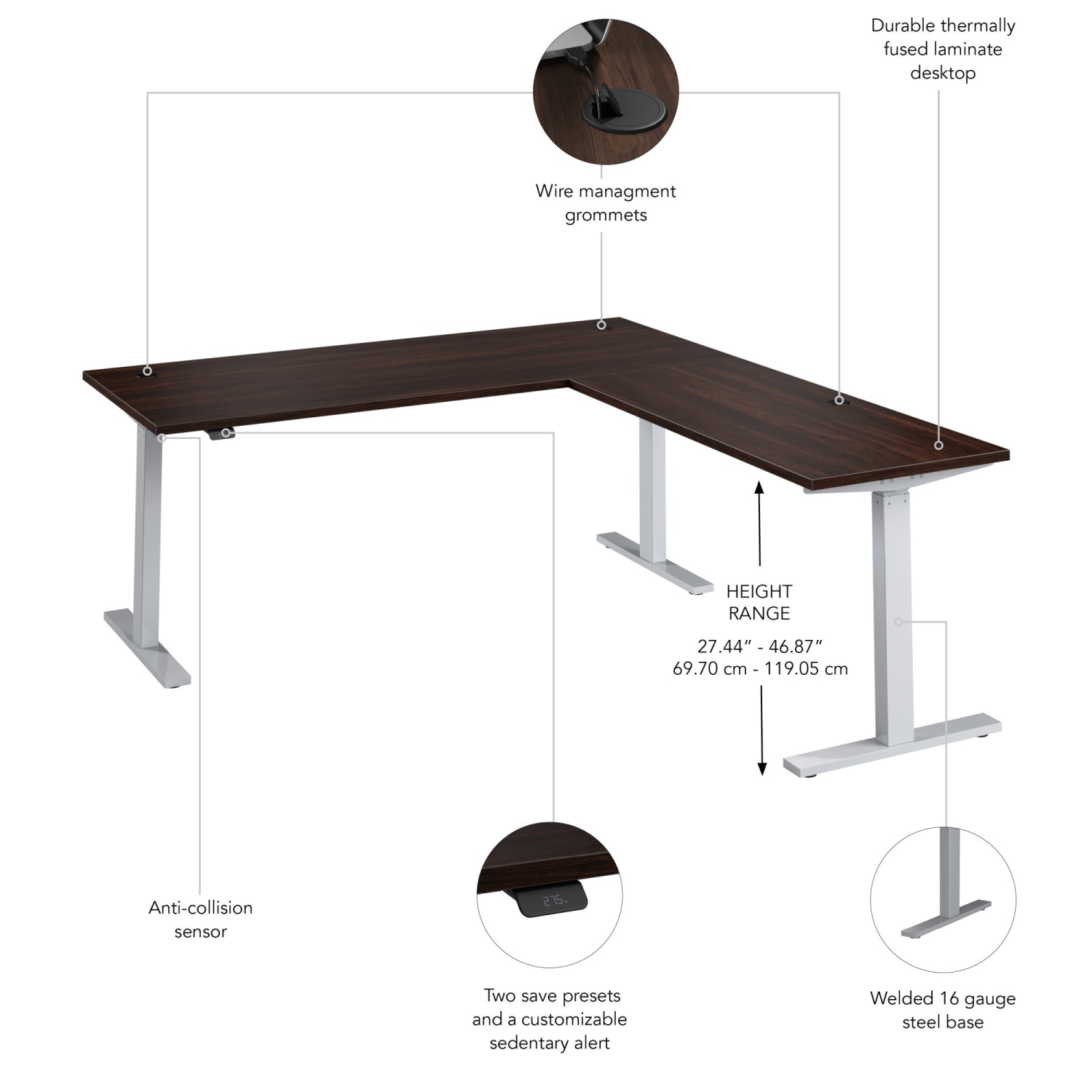 Bush Business Furniture Move 60 Series 72inW Height Adjustable L Shaped Standing Desk, Black Walnut/Cool Gray Metallic, Standard Delivery - Image 4