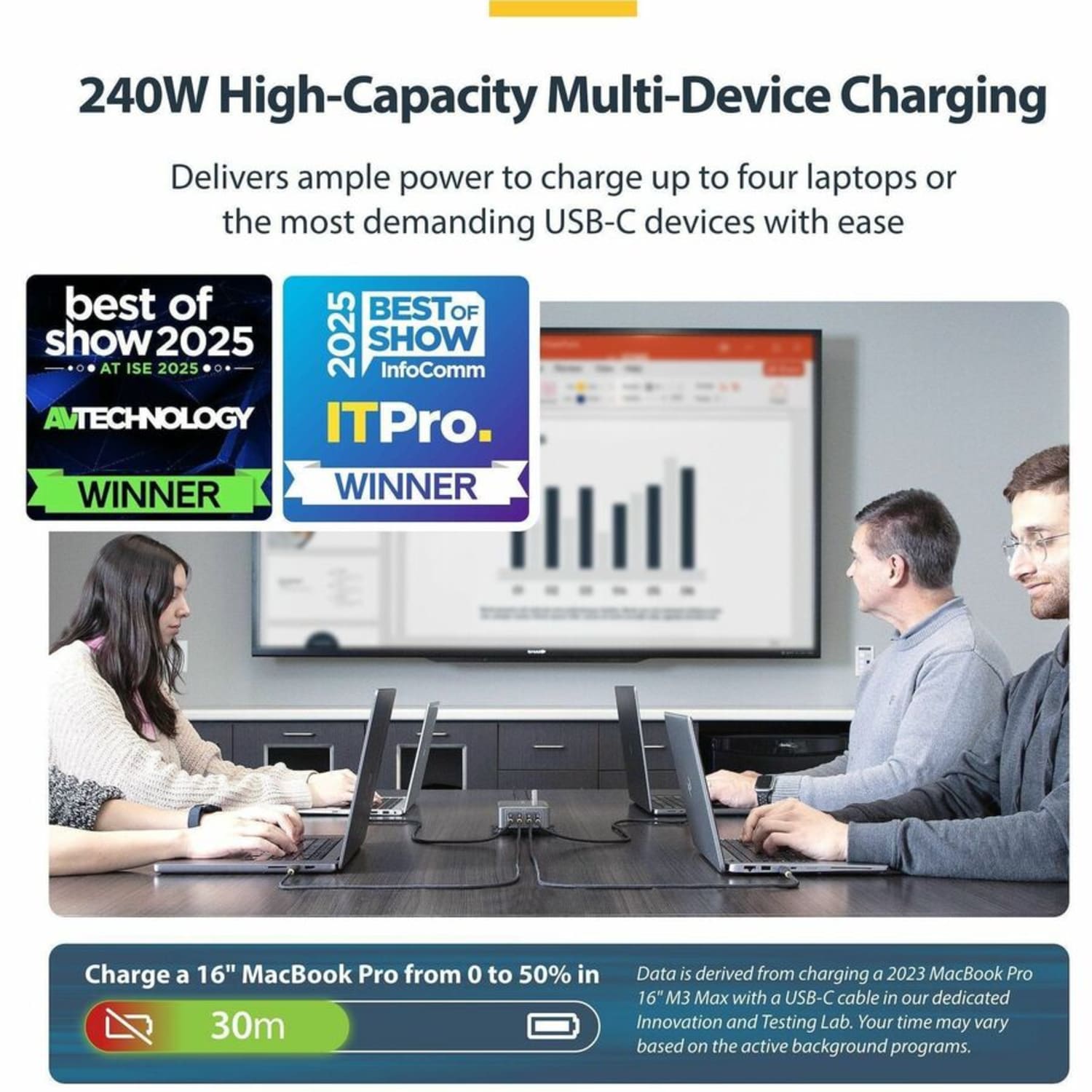 StarTech 4-Port Multi-Device USB-C Charger, 240W Total, Single Port 140W EPR, Screw Locking Ports, Ideal for Boardrooms - Image 3
