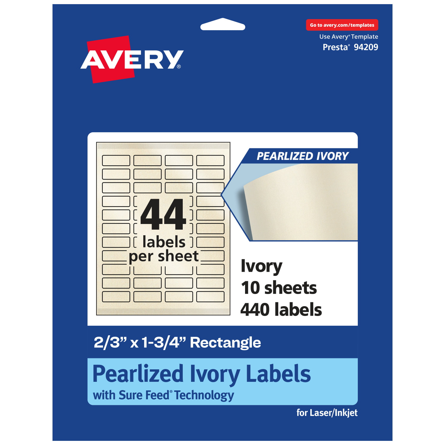 Avery Pearlized Permanent Labels With Sure Feed, 94209-PIP10, Rectangle, 2/3in x 1-3/4in, Ivory, Pack Of 440 Labels