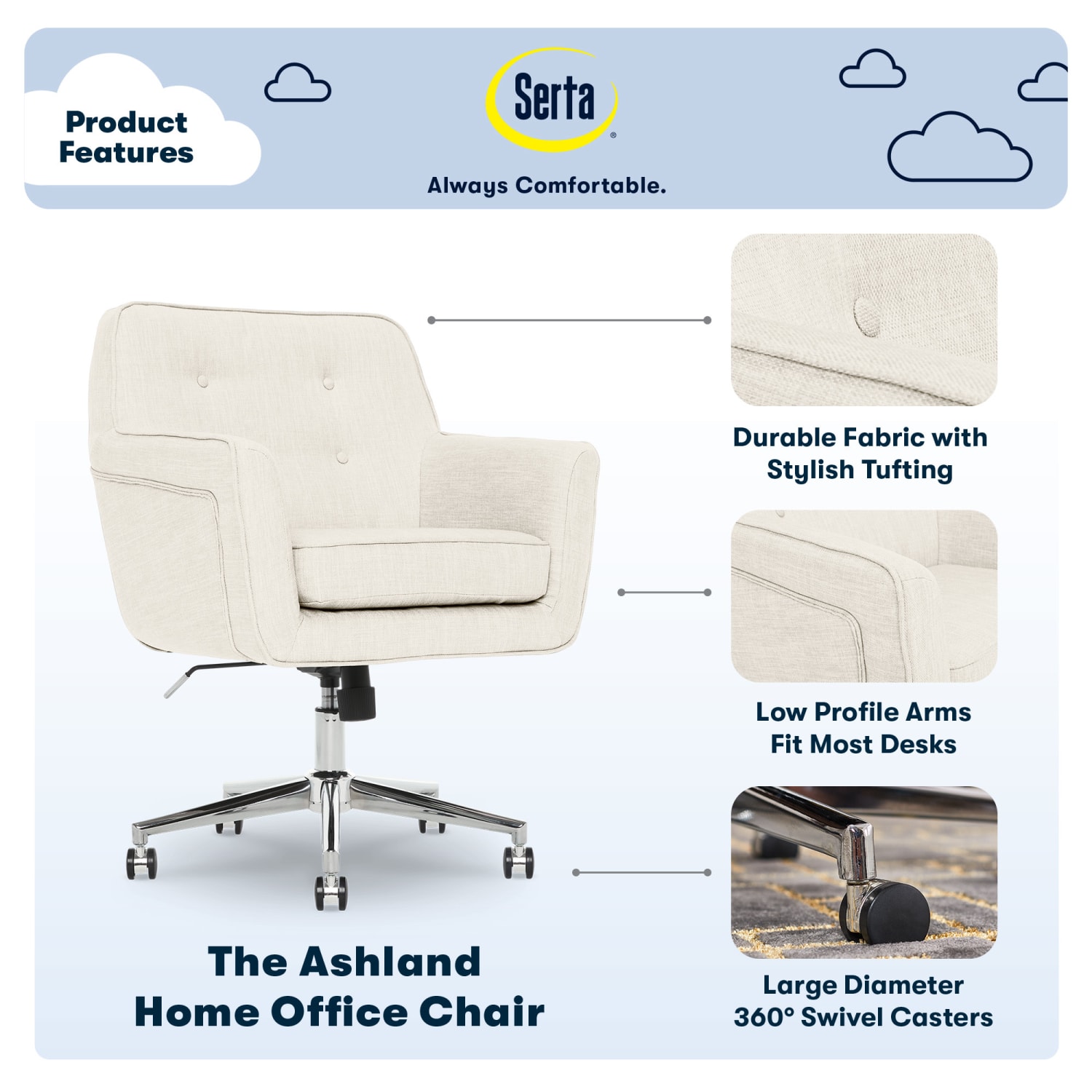 Serta® Ashland MidBack Office Chair IvoryChrome PopularChairscom Serta® Ashland Mid Back Office Chair IvoryChrome PopularChairscom