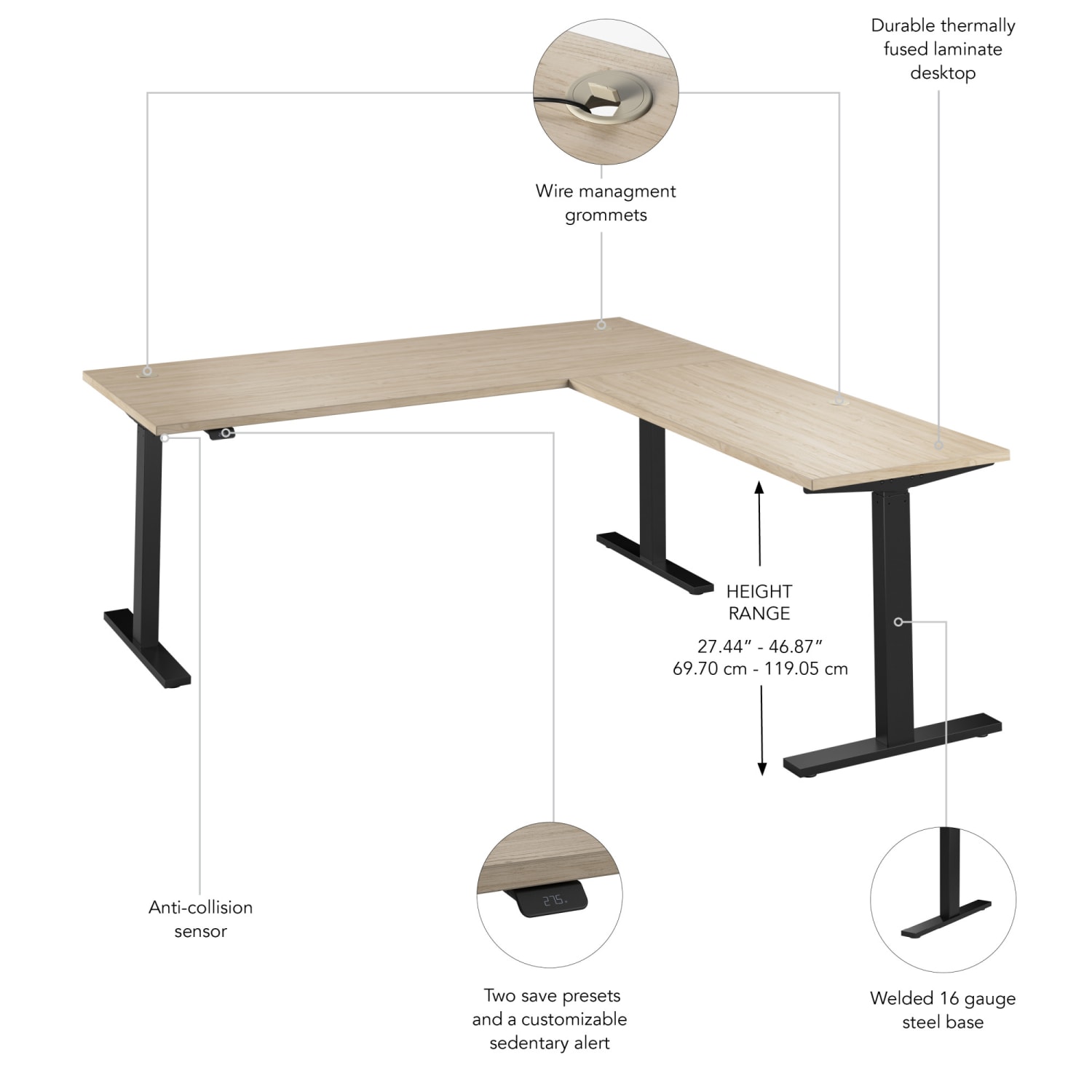 Bush Business Furniture Move 60 Series 72inW Height Adjustable L Shaped Standing Desk, Natural Elm/Black Powder Coat, Standard Delivery - Image 4