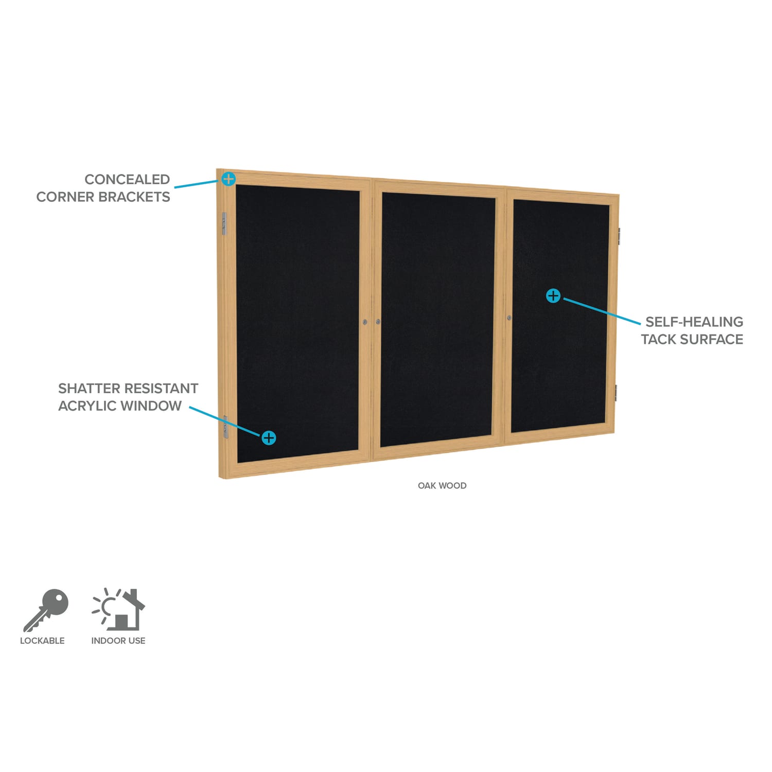 Ghent 3 Door Enclosed Recycled Rubber Bulletin Board, Oak Wood Frame, 48inH x 72inW, Black - Image 4