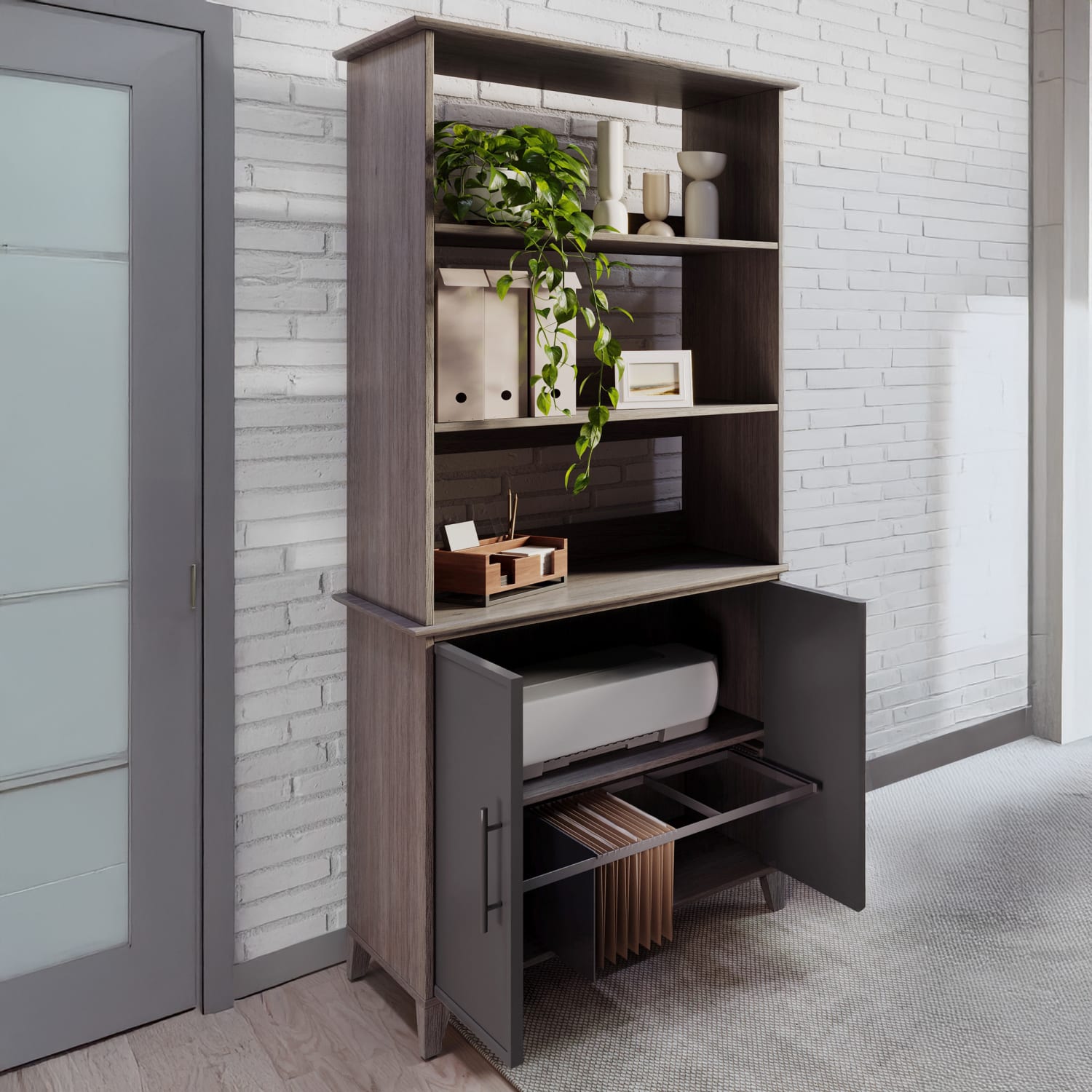 Realspace Koru 72inH 3-Shelf Bookcase With Printer Shelf & File Storage, Two-Tone Slate/Gray Oak, BIFMA Compliant - Image 3