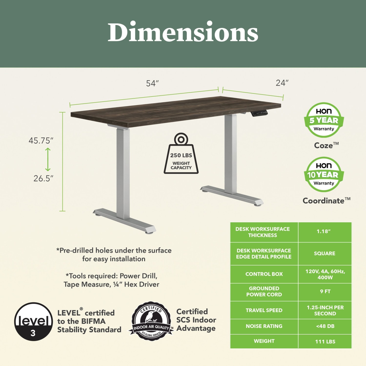 HON Coze Worksurface With Coordinate Height-Adjustable Base, 54inW, Designer White/Nickel - Image 3