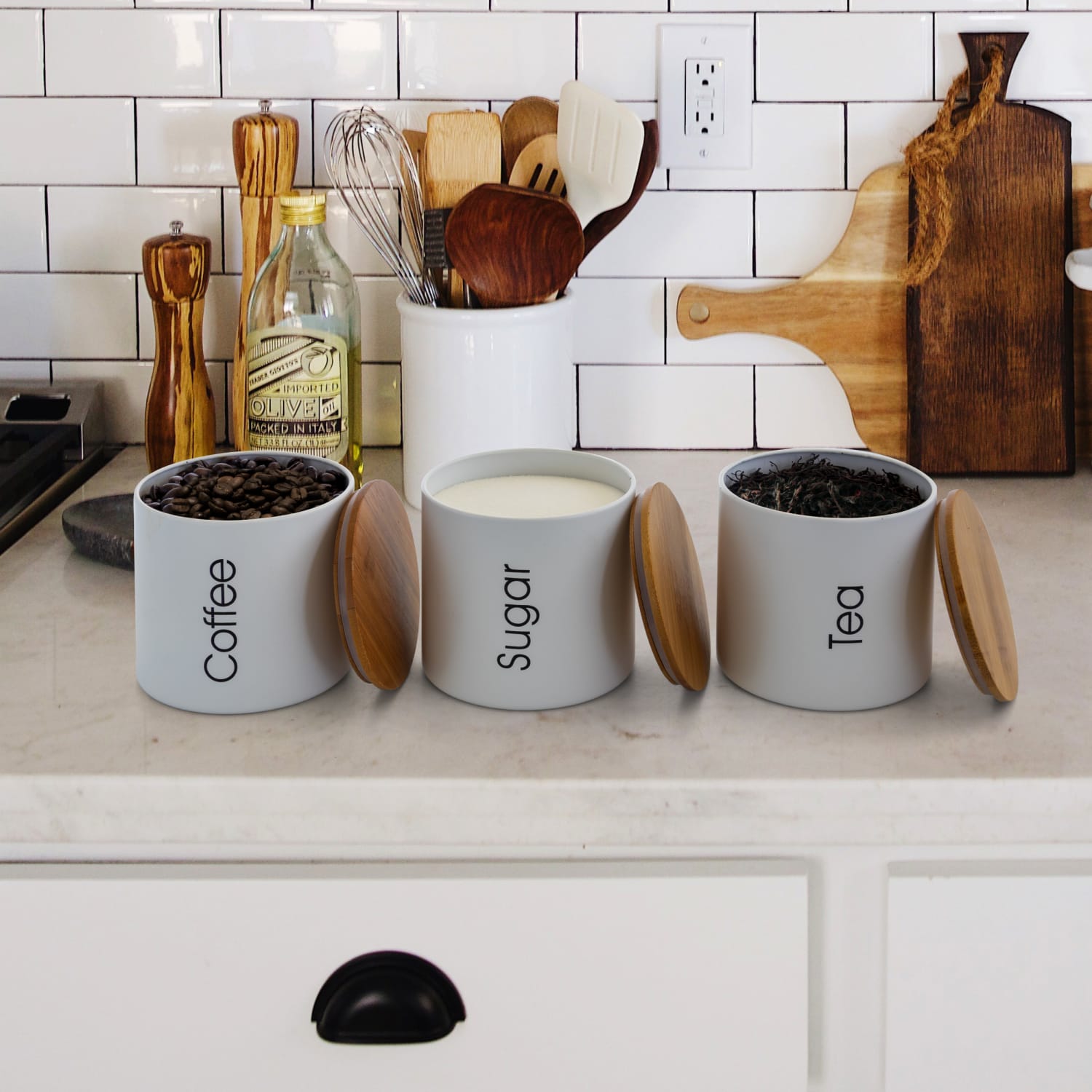 MegaChef 4-Piece Canister Set, White/Bamboo - Image 6