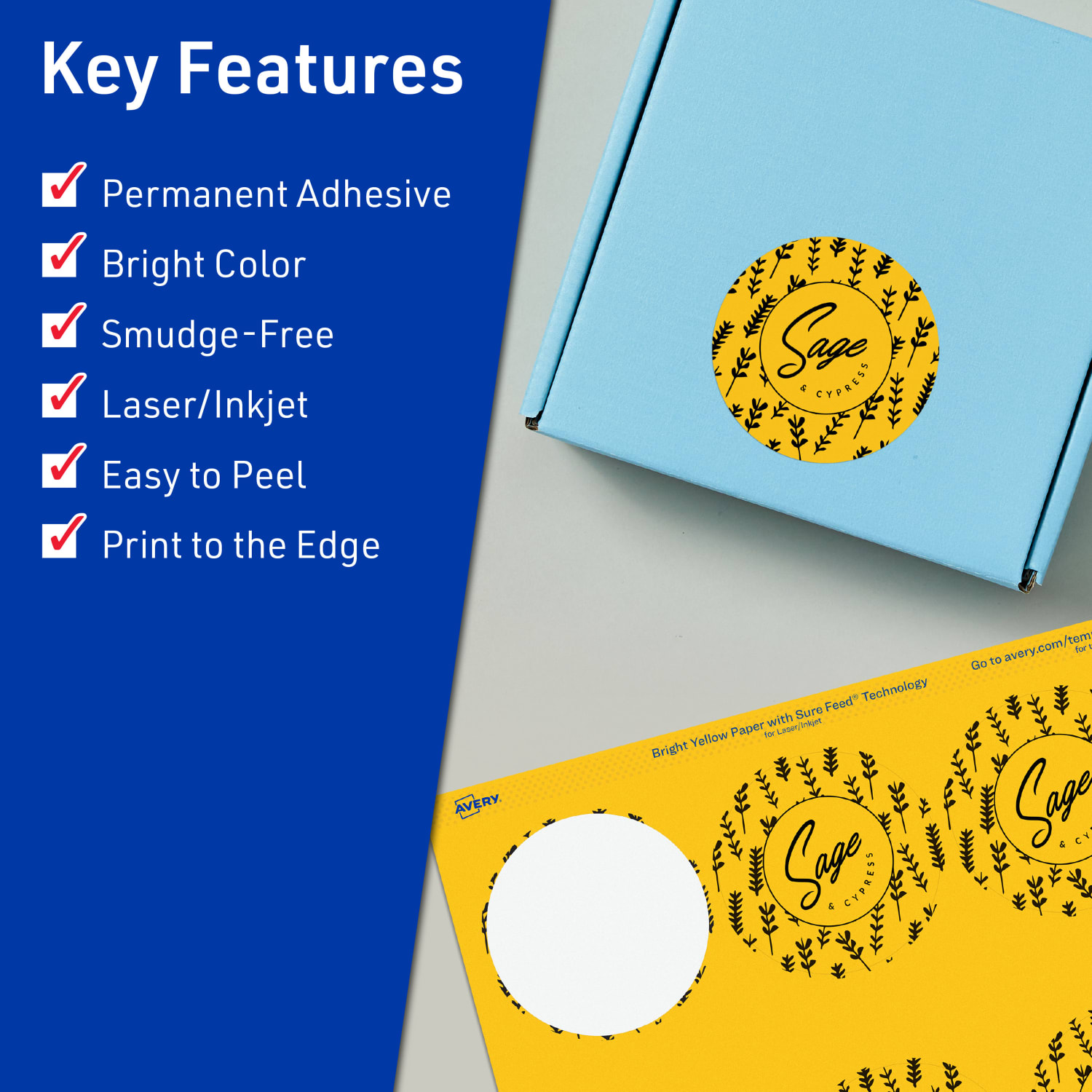 Avery Print-To-The-Edge Labels With Sure Feed Technology, 94502-BYP80, Round, 2-1/2in, Matte Bright Yellow, Pack of 720 - Image 3