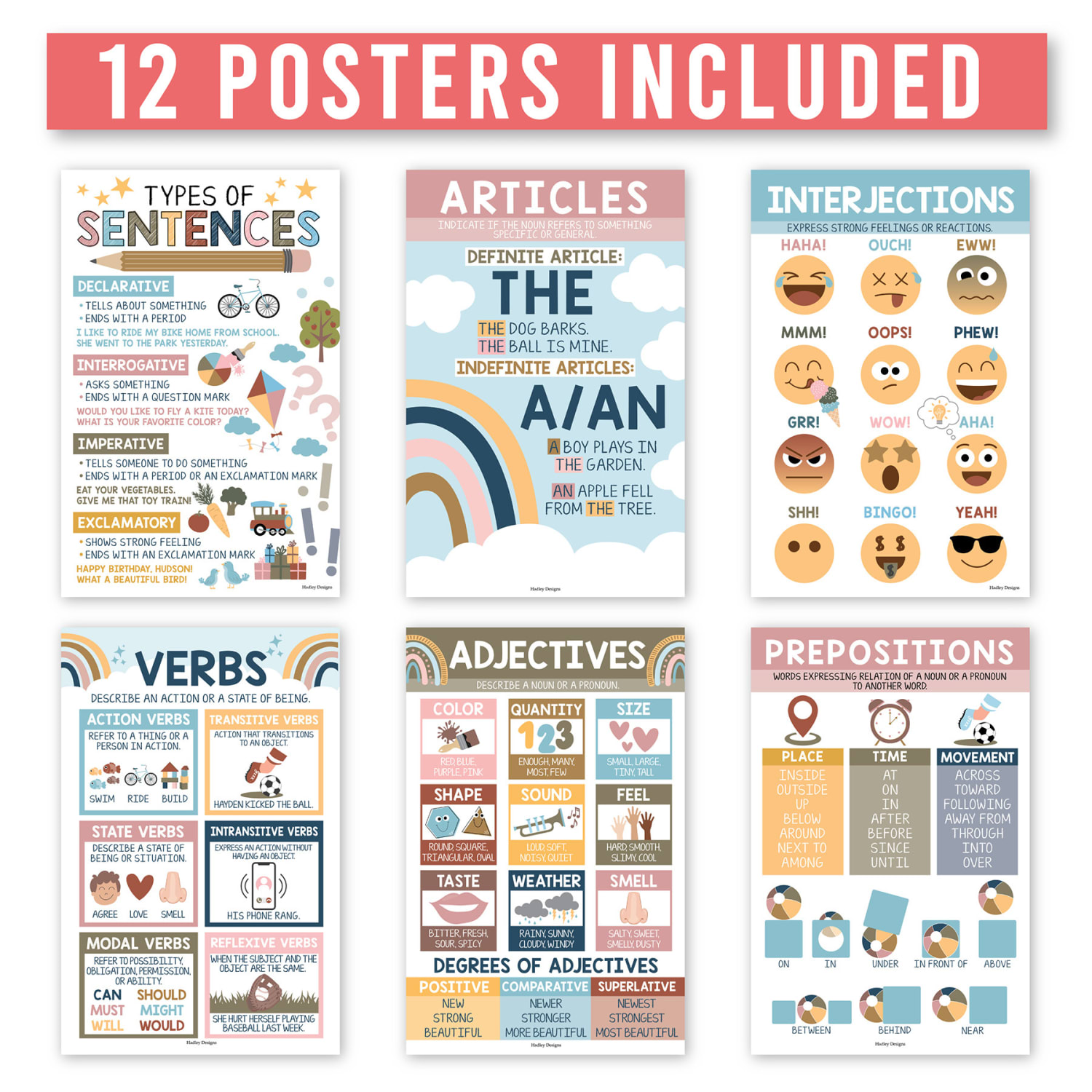 Hadley Designs Laminated Posters, Boho Parts Of Speech Language Arts and Grammar, Set Of 12 - Image 3