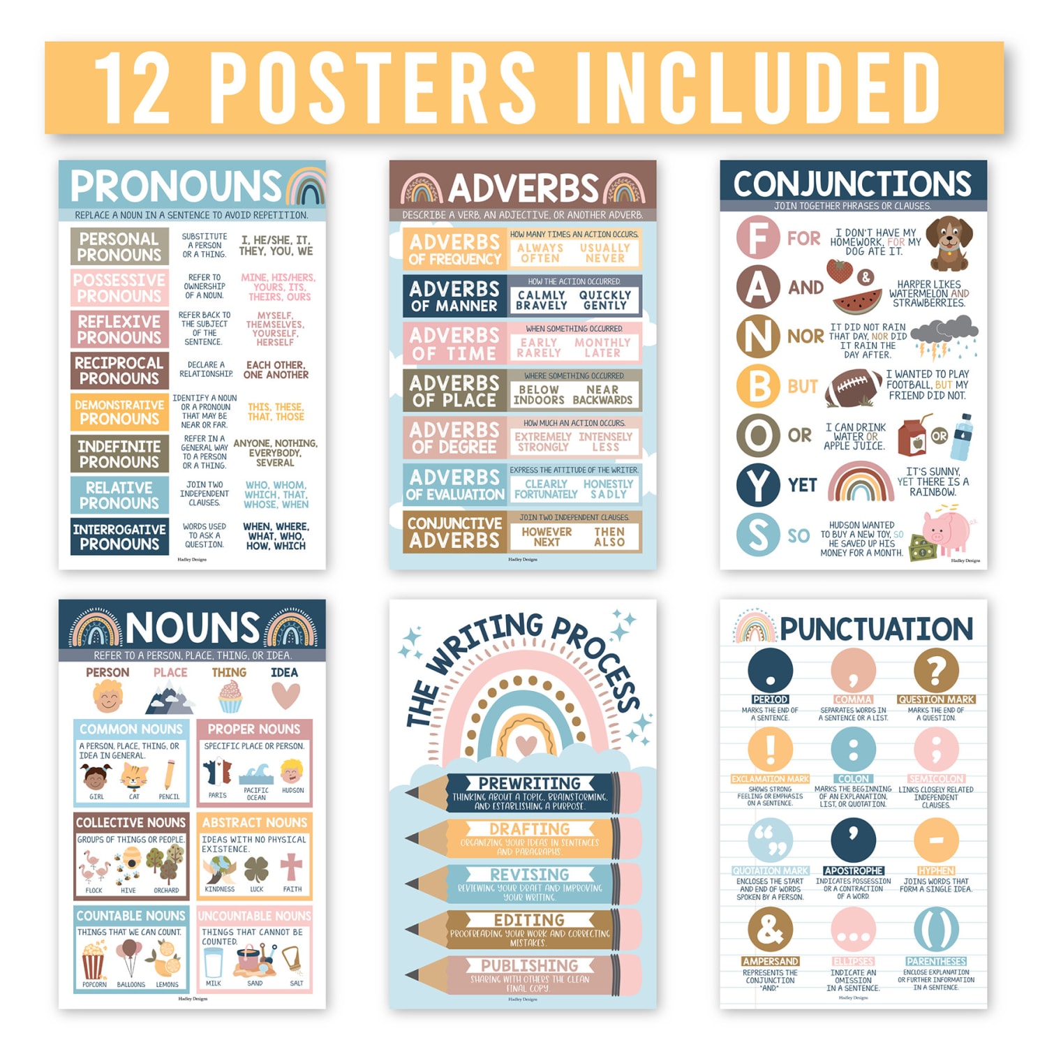 Hadley Designs Laminated Posters, Boho Parts Of Speech Language Arts and Grammar, Set Of 12 - Image 4