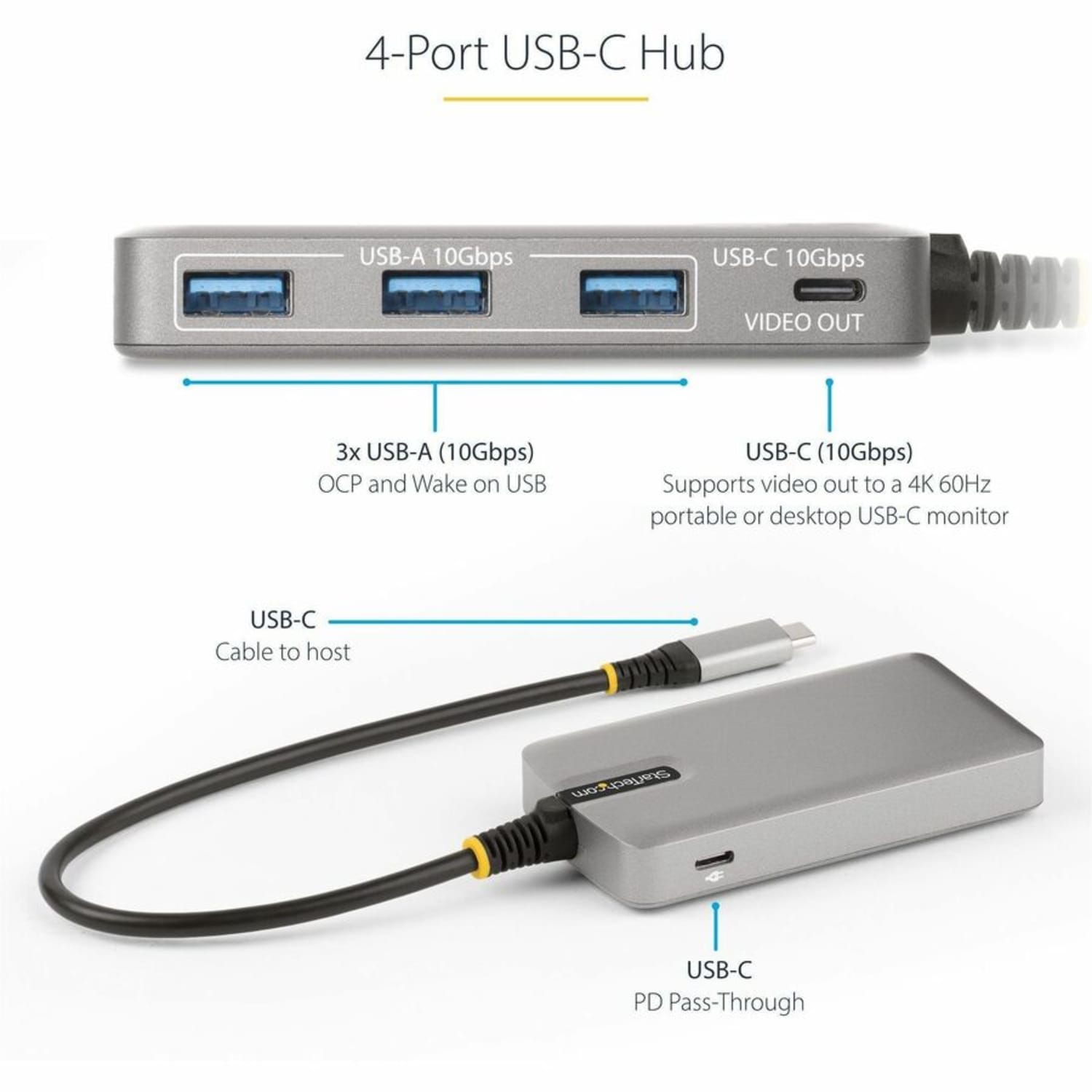 StarTech.com 4-Port USB-C Hub with USB-C DP Alt Mode Video Output, 3x USB-A, 1x USB-C, 100W Power Delivery Pas - HB31C3A1CDPPD3 - Image 4