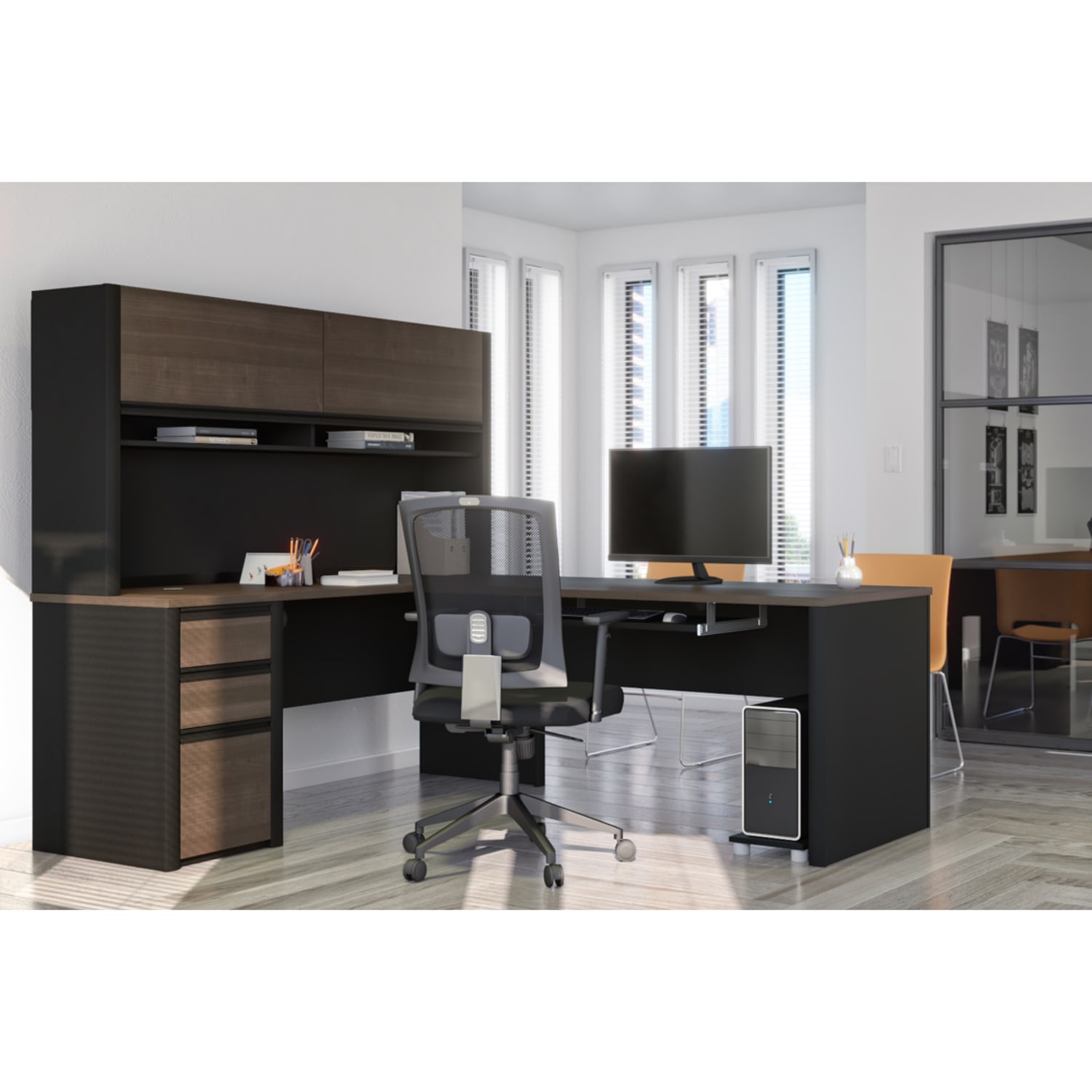 Bestar Connexion 72inW L-Shaped Corner Desk With Hutch And Pedestal, Antigua/Black - Image 4