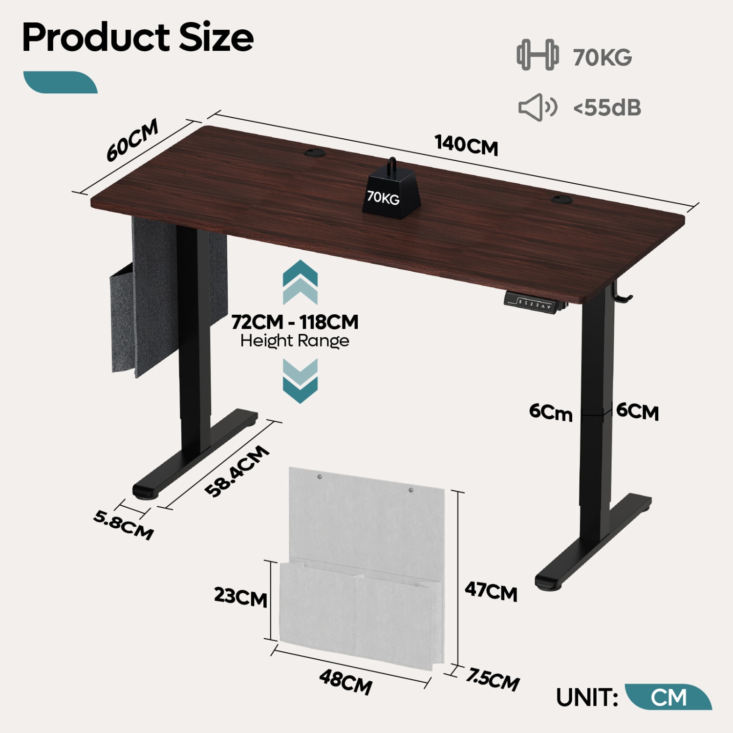 Bestier Electric Adjustable-Height Standing Desk With 3 Height-Memory Presets & USB Port, 56inW, Walnut - Image 5
