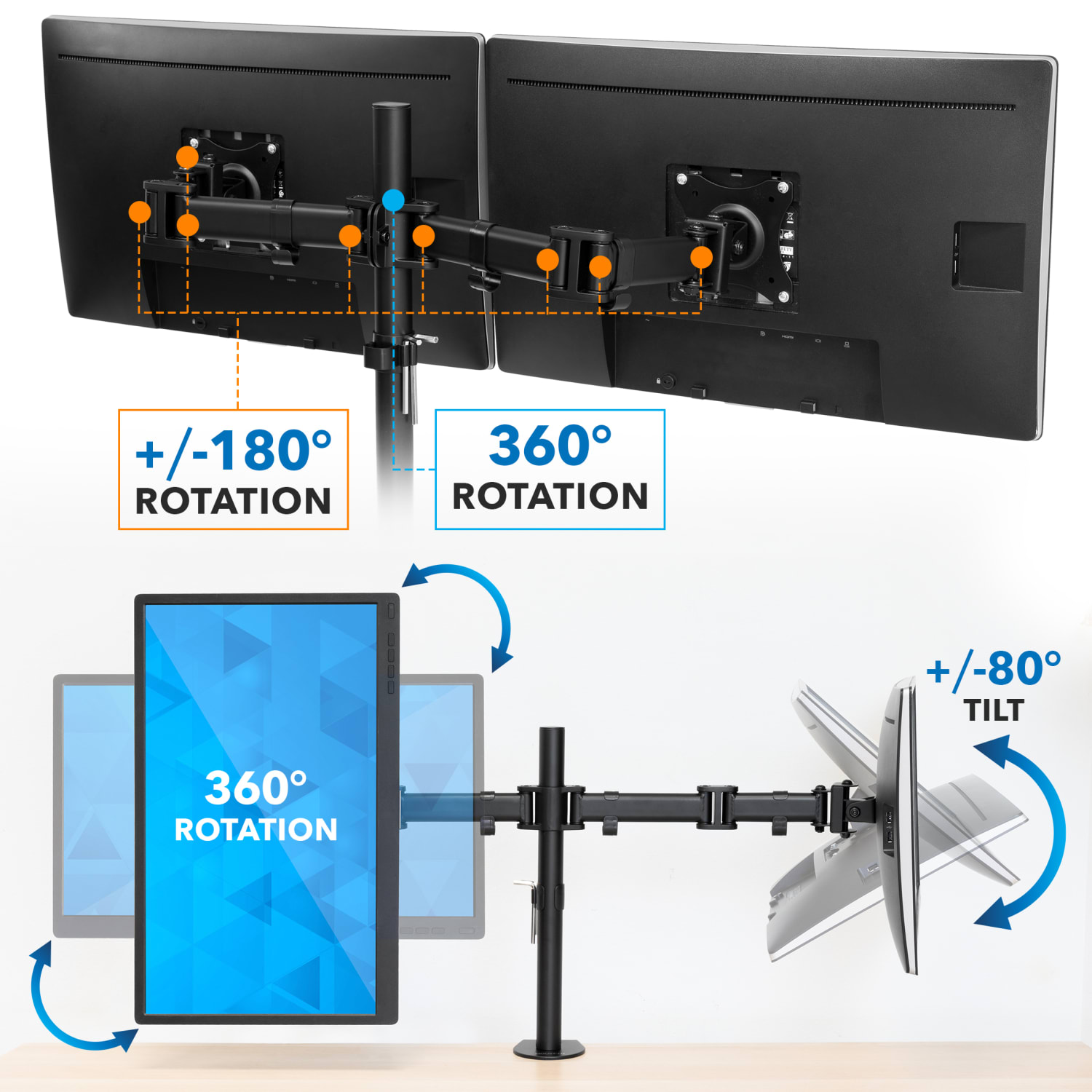 Mount-It! MI-1752 Dual Monitor Desk Mount For 13 - 27in Monitors, 17-1/4inH x 34inW x 5-1/2inD, Black - Image 5