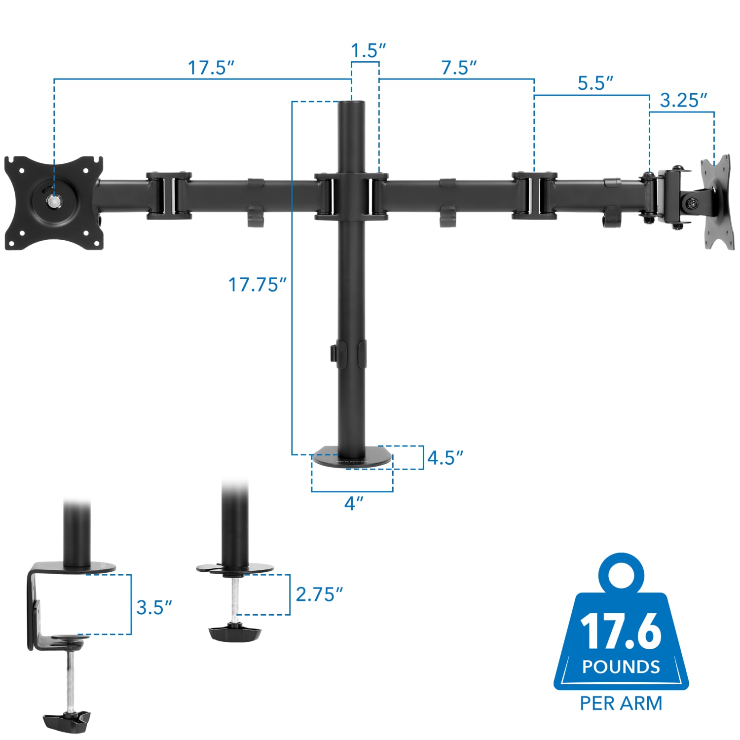 Mount-It! MI-1752 Dual Monitor Desk Mount For 13 - 27in Monitors, 17-1/4inH x 34inW x 5-1/2inD, Black - Image 6