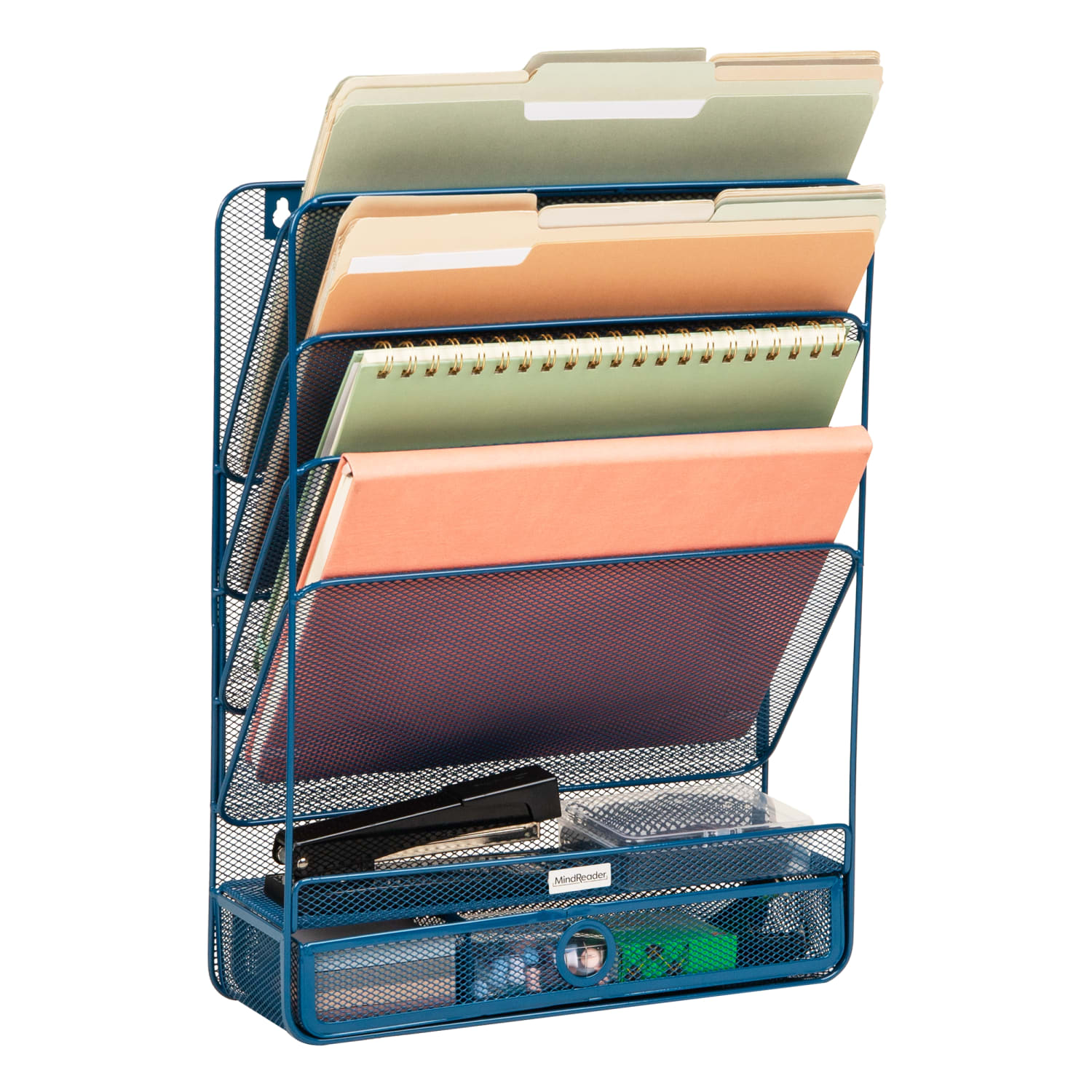 Mind Reader 4-Tier Wall Mount Vertical File Storage With Drawer, 16-1/2inH x 4inW x 12-1/2inD, Turquoise