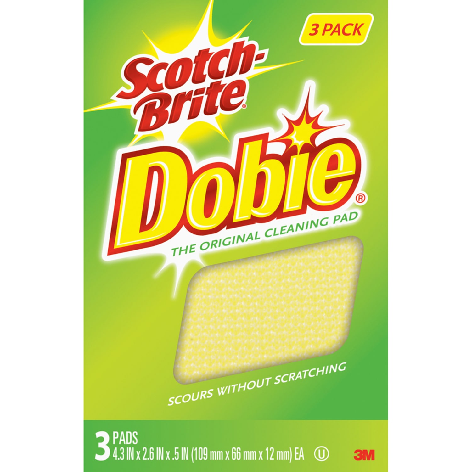 Scotch-Brite Dobie All-purpose Cleaning Pads - 0.5in Height x 2.6in Width x 4.3in Depth - 3 Pack - 8 / Carton - Polyurethane - Yellow - Image 3