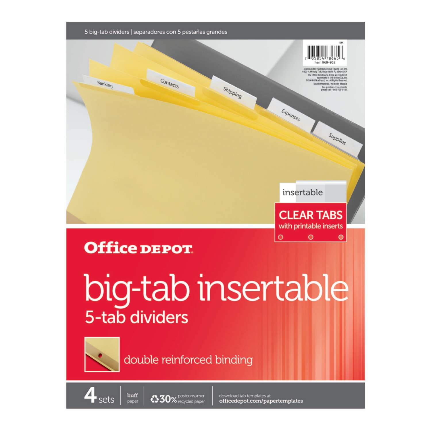 Office Depot Brand Insertable Dividers With Big Tabs, Buff, Clear Tabs, 5-Tab, Pack Of 4 Sets