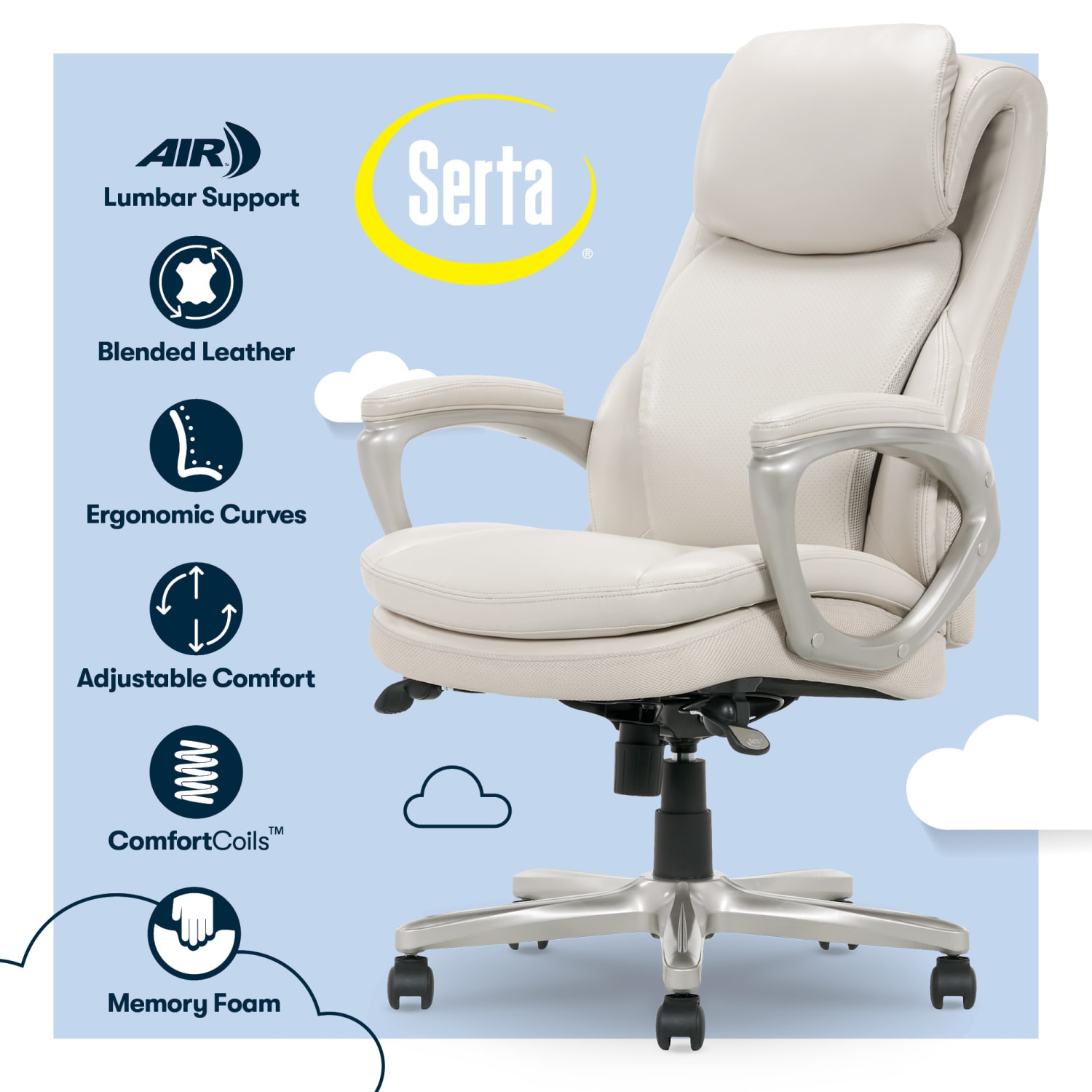 Serta Smart Layers Arlington AIR Ergonomic Bonded Leather HighBack Executive Office Chair CreamSilver PopularChairscom Serta Smart Layers Arlington AIR Ergonomic Bonded Leather High Back Executive Office Chair CreamSilver PopularChairscom