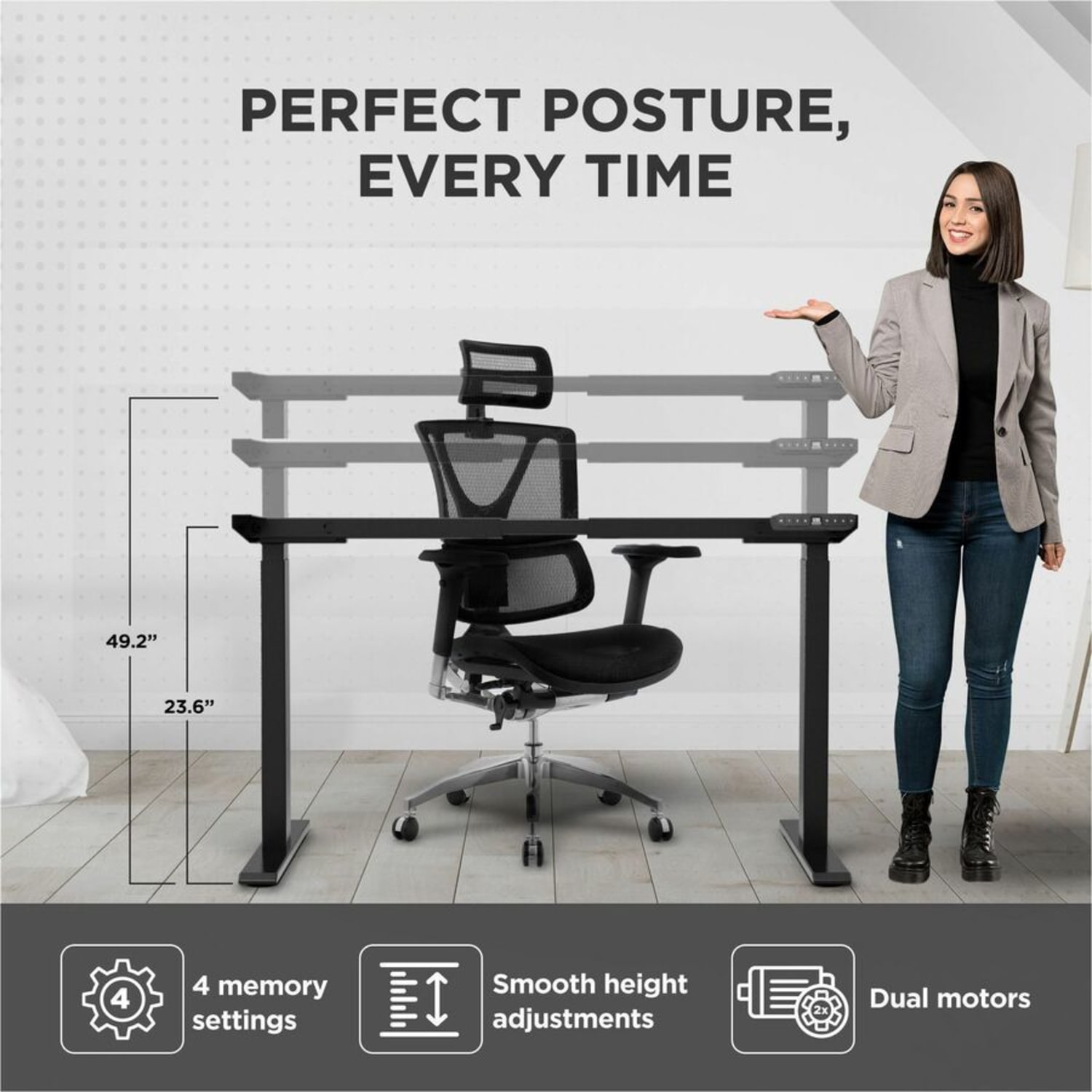 Rise Up Dual Motor Electric Standing Desk Frame with Memory Adjustable Height 26-51.6in Black - Image 5