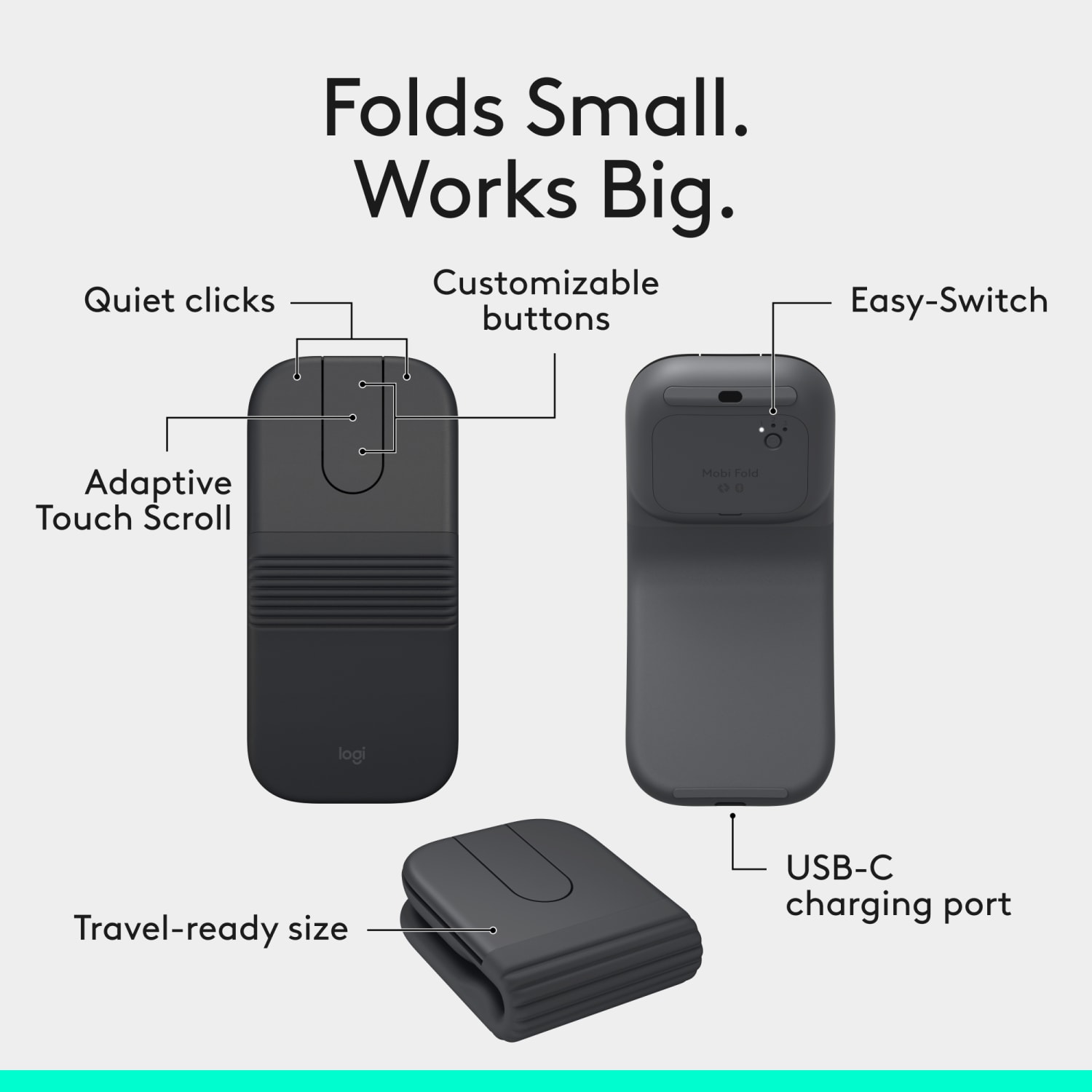 Logitech Mobi Fold Ultra-Portable Travel Mouse, For Windows PC, Mac, Chromebook, Android, iPad, Graphite, 910007601 - Image 4