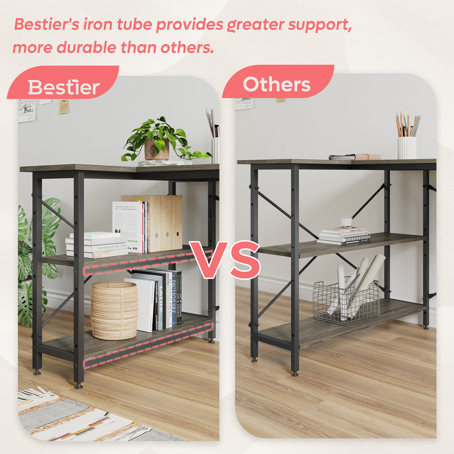 Bestier L-Shaped Corner Desk With Storage Shelf, 56inW, Dark Retro Gray Oak - Image 3