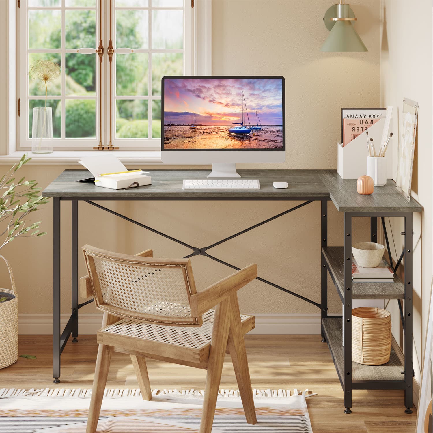 Bestier L-Shaped Corner Desk With Storage Shelf, 56inW, Dark Retro Gray Oak - Image 5
