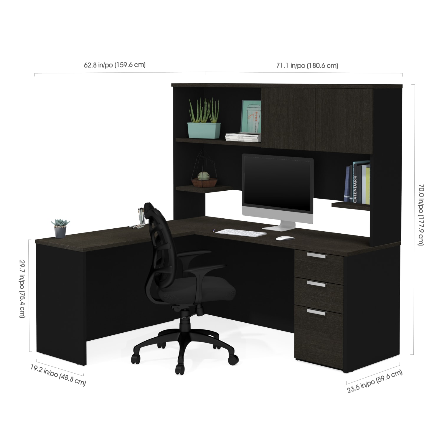 Bestar Pro-Concept Plus 72inW L-Shaped Corner Desk With Pedestal And Hutch, Deep Gray/Black - Image 4